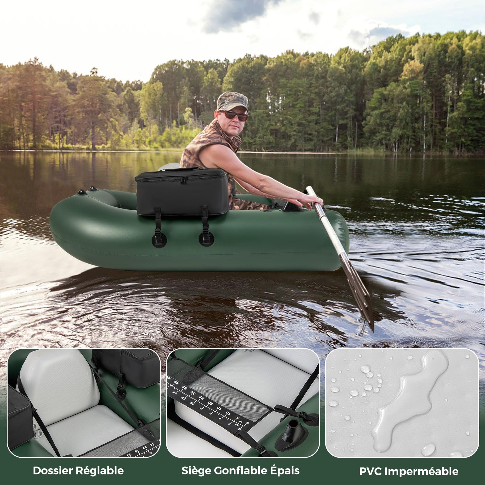 COSTWAY Bateau de Pêche Gonflable avec 3 Chambres à Air, Bateau Gonflable avec Règle à Poisson 2 Poches de Rangement Pompe Sac de Transport Boucles de Moteur, Charge 100 KG, Camouflage