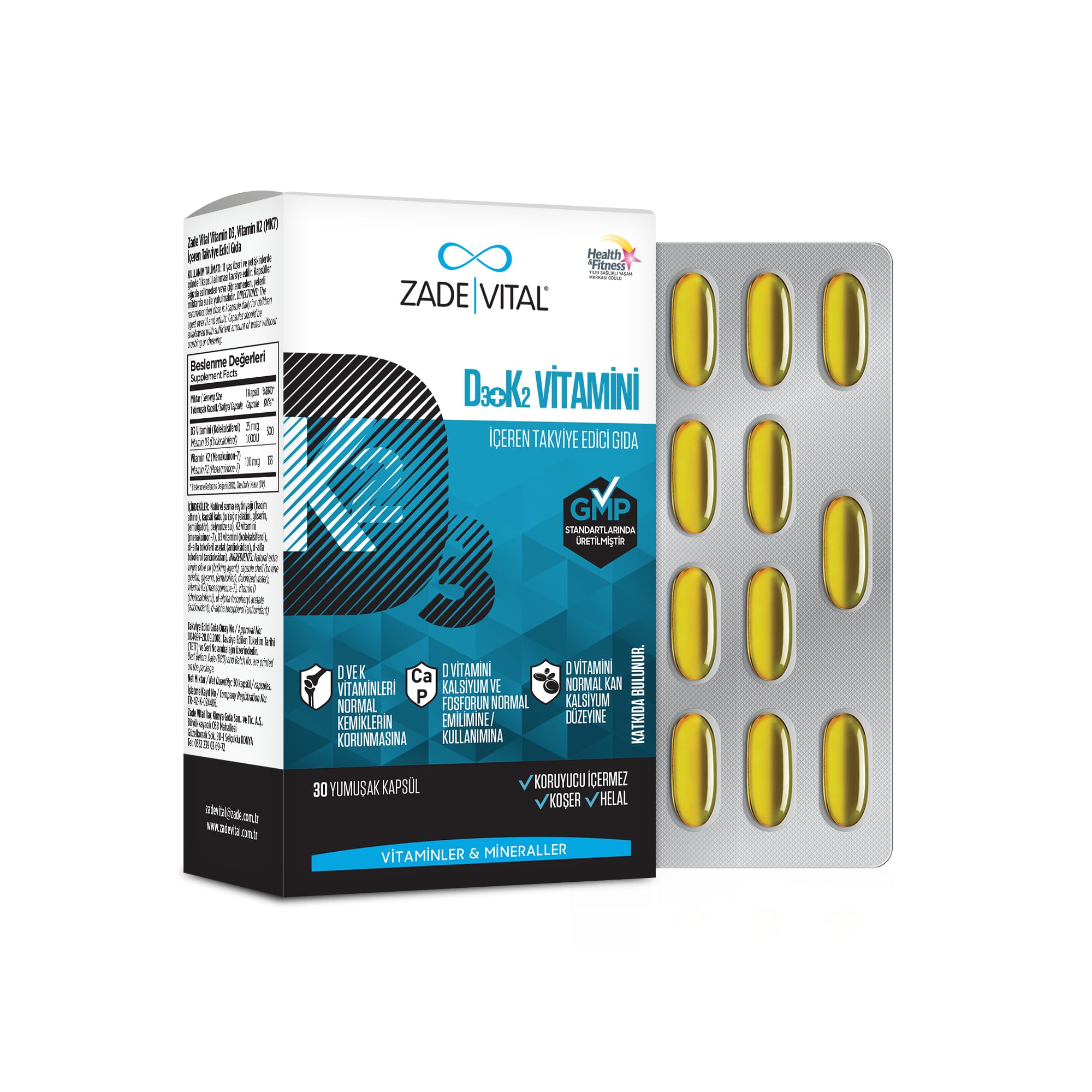 Zade Vital D3+K2 Vitamini İçeren Takviye Edici Gıda 30 Kapsül (1 x 30 Adet)