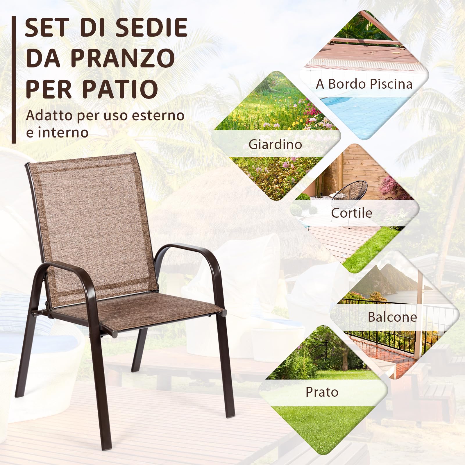 COSTWAY Set di 2 Sedie da Giardino, Braccioli Curvi, in Metallo (Marrone)