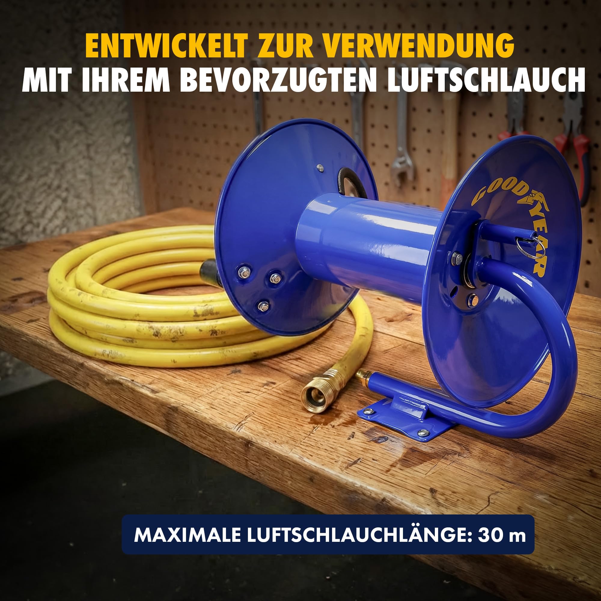 Goodyear Druckluft-Schlauchaufroller mit Handkurbel 30 m x 9,5 mm – Manuelle Schlauchtrommel aus Stahl, max. 20 Bar, Heavy Duty (Schlauch nicht enthalten)