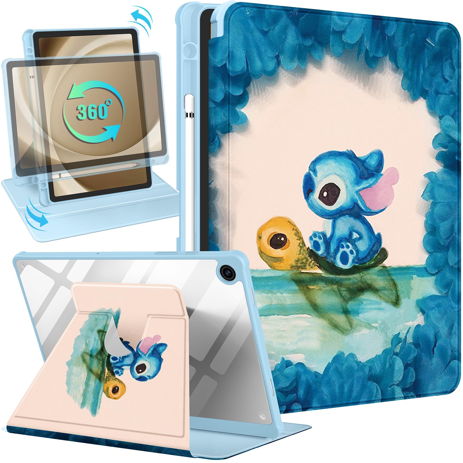 Koecya for Samsung Tab A9 Plus for Women - Cartoon Kawaii Cute for Girls Girly Kids Design Covers,360 Degree Rotating Folio Stand Pencil Holder for Galaxy Tab A9 Plus Rotate Case,Turtle