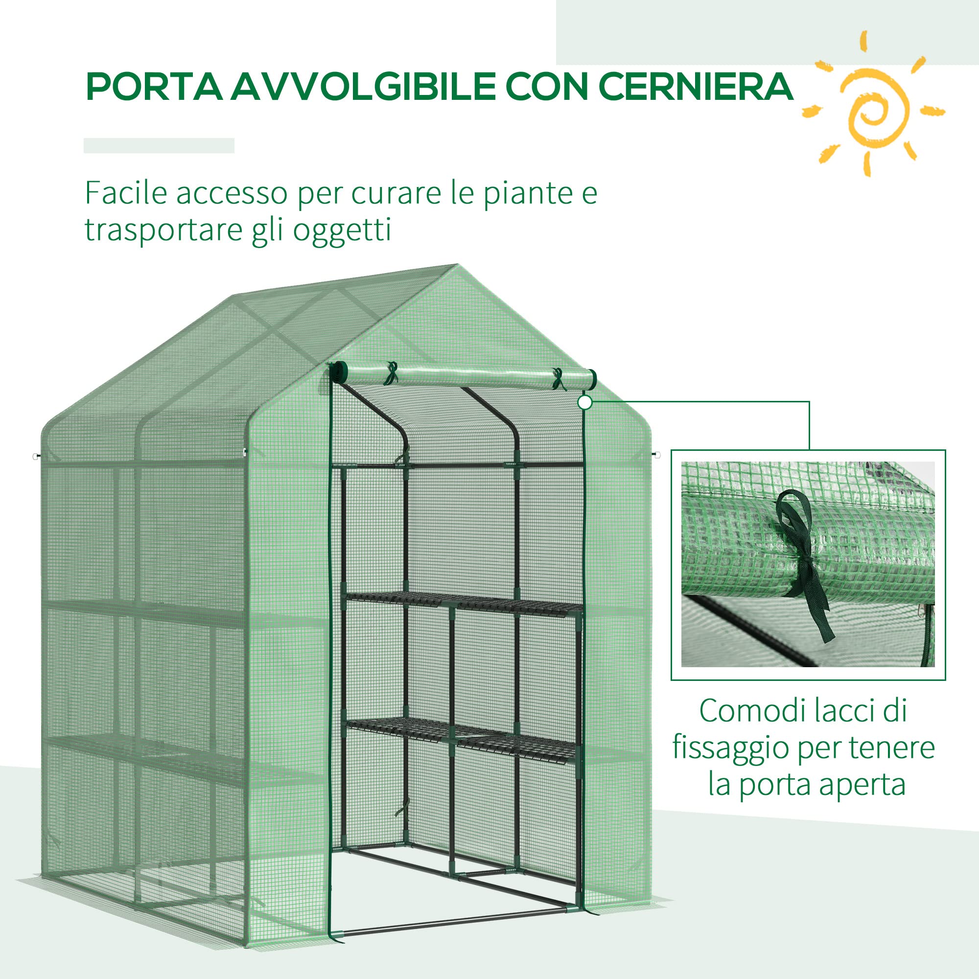 Outsunny Serra da Giardino con Scaffali per Piante, Serra da Balcone con Copertura in PE e Porta Avvolgibile, 143x138x190cm, Verde