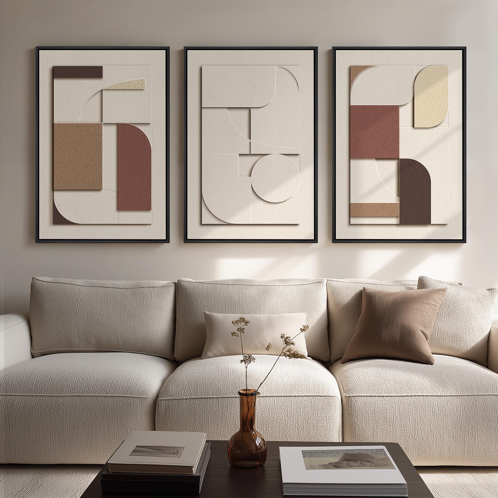 Large 3D Textured Framed Abstract Wall Art for Living Room, 3 Piece Modern Paintings Artwork for Walls, Black White Brown Geometric Sandstone Texture Pictures for Hallway Office Home Decor 24x36 In — view 11