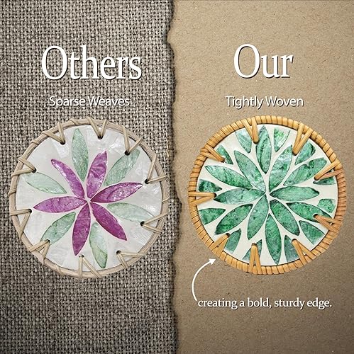 Miniatura 3 de Juego de 6 posavasos aislados, ratán tejido a mano y madreperla, posavasos bohemios duraderos y ecológicos, salvamanteles decorativos para café y