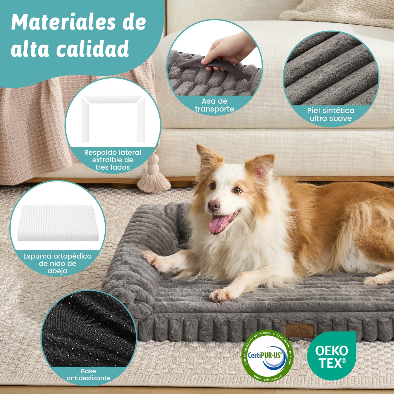 COZY KISS Cama Ortopédica para Perros de Pelo Sintético, Sofá Ergonómico para Perros Muy Grandes, 110x80x17 cm - Diseño Acordonado, Lavable, Antideslizante, Gris XL