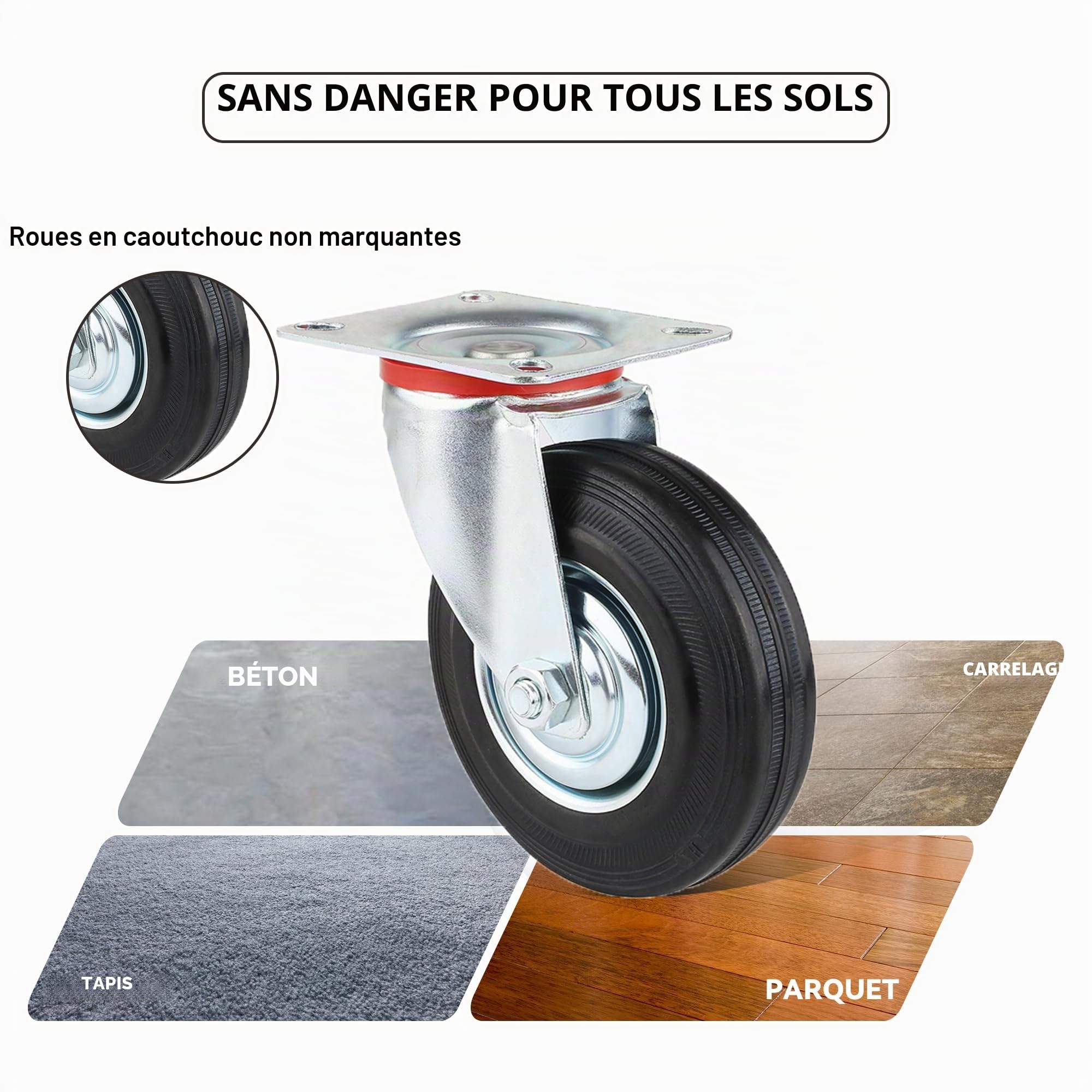 Roulettes Pivotantes pour Charges Lourdes 125 mm, Lot de 4 Roulettes pour Meubles avec Frein jusqu'à 400 kg, Roue en Caoutchouc Roues Industrielles Pivotante à 360°(2 Roues + 2 Roues frein)