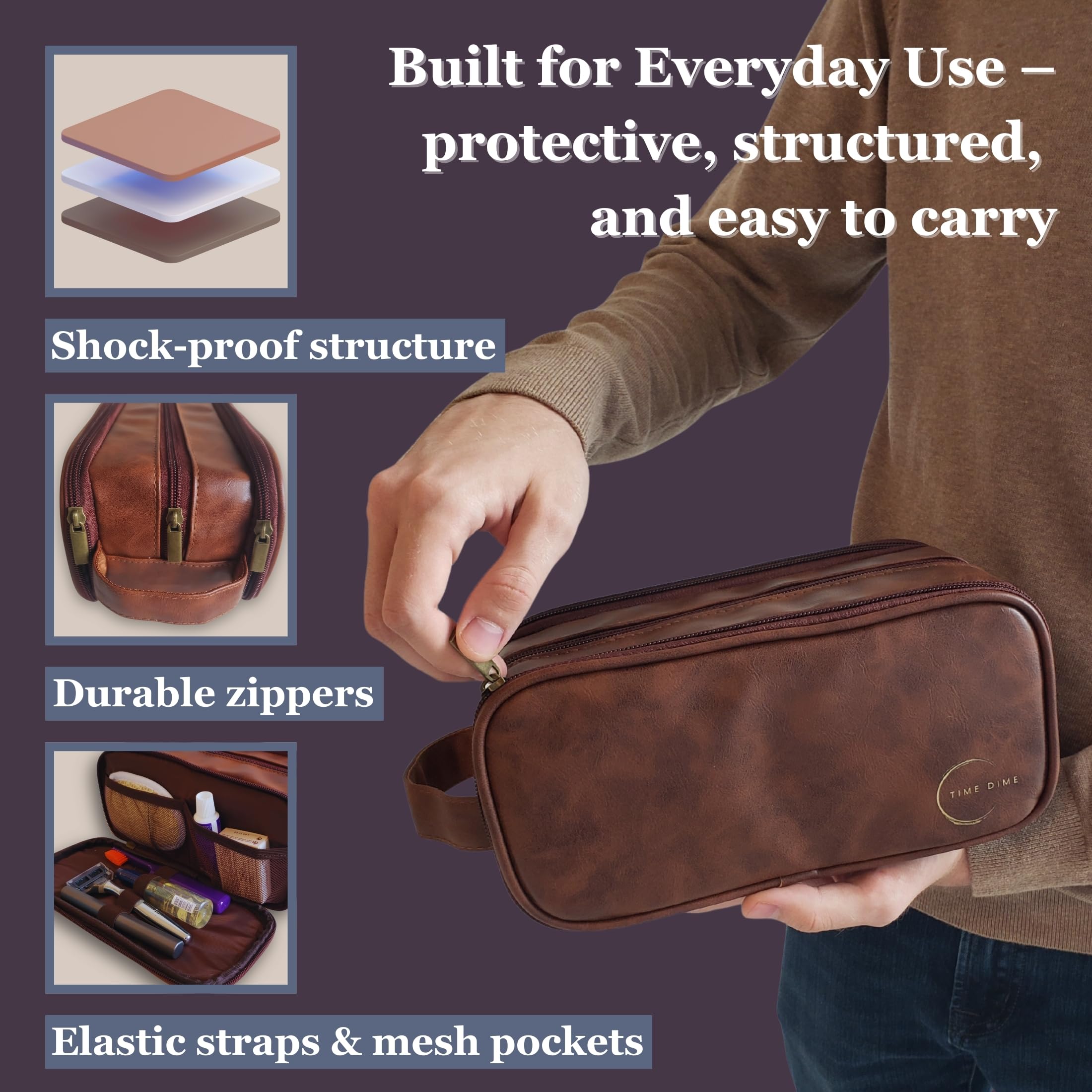 Premium Herren-Kulturbeutel mit Kordelzugbeutel – strapazierfähiger, wasserabweisender Reise-Organizer in Lederoptik für Rasur, Pflege und Hygiene-Essentials, Kastanienbraun, 9.8 x 5.1 x 4.5