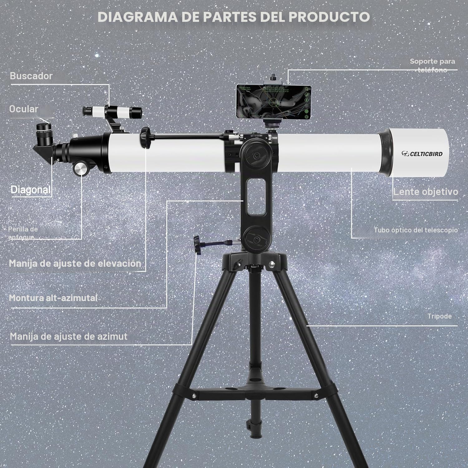 Celticbird Telescopico 90mm Apertura 1000mm Refractor para Adultos astronomía Principiantes niños con Ajuste de Alta precisión