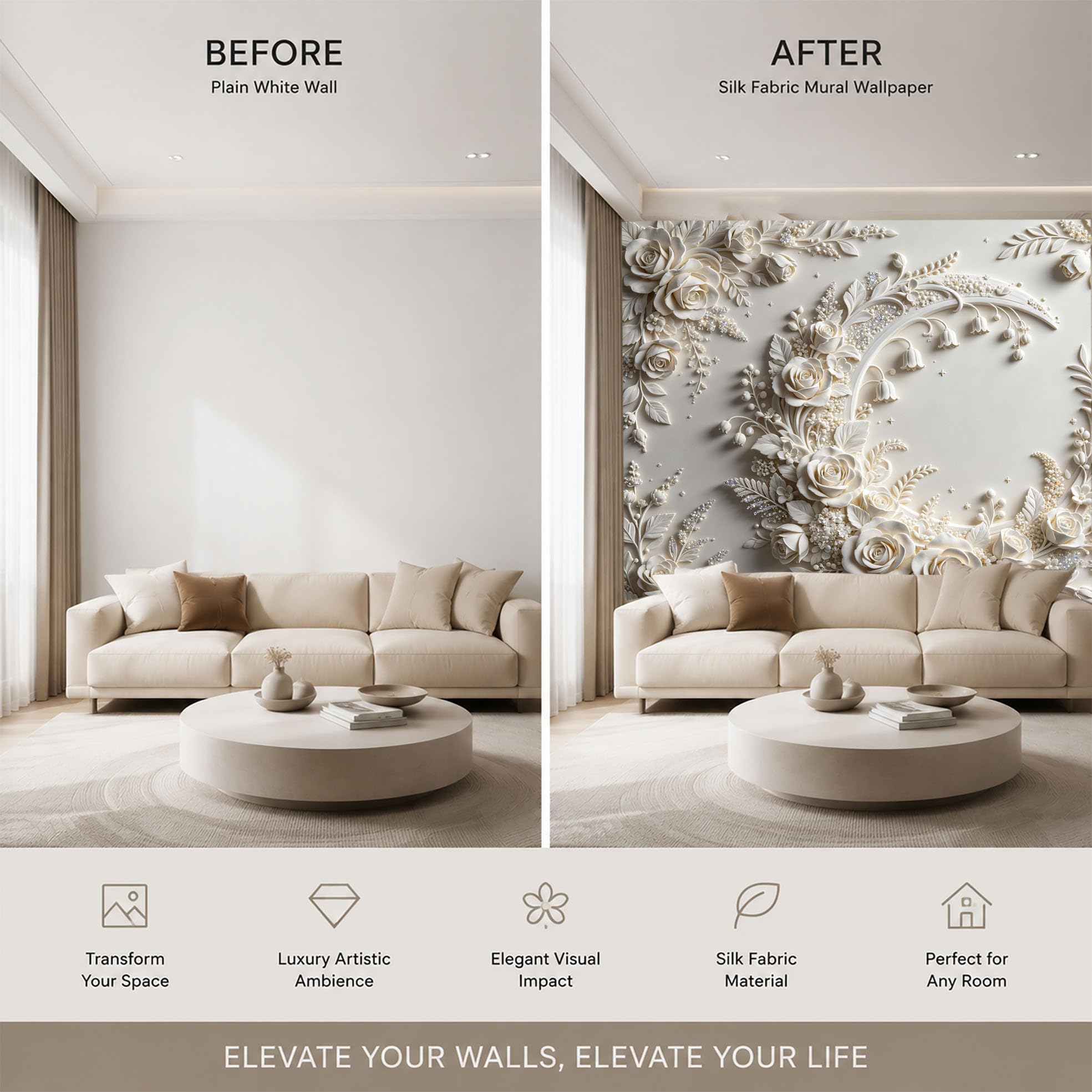 3D Relief Wandbild „Halbmondrose“ 350 x 256 cm Vliestapete mit Blumenmuster, cremefarben, romantisches Blumenpanorama, Fototapete für Schlafzimmer, Wohnzimmer, Wanddekoration, Halbmondrose, 350 x 256