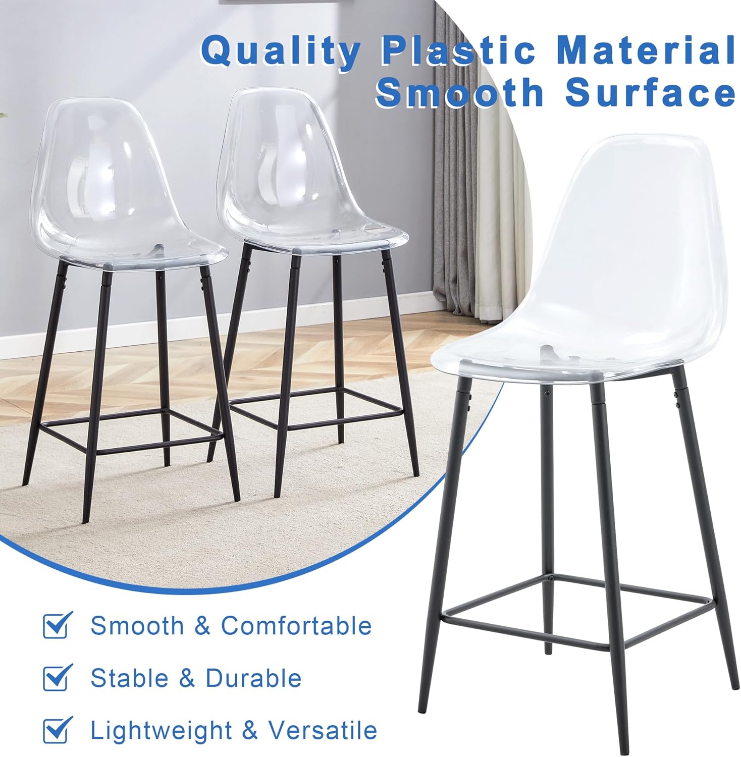 JUFU Transparent Acrylic Bar Stools, Modern Counter Height Bar Chairs with Carbon Steel Legs, Durable and Easy to Clean, Acrylic Kitchen Island Stools for Home, Restaurant (Black, Set of 2)