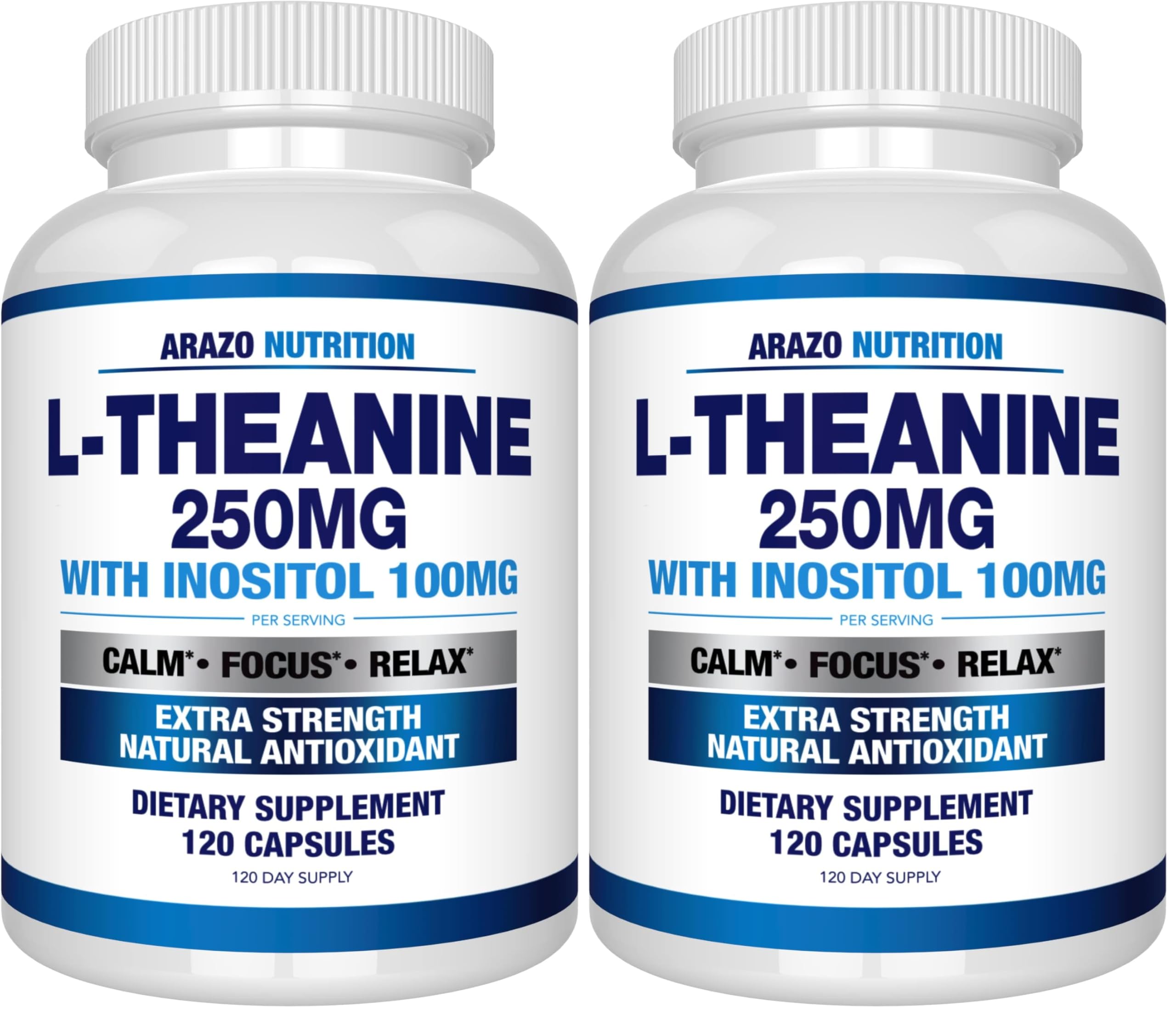 Arazo Nutrition L-Theanine 250mg (Extra Strength) with Inositol 100mg, 120 Capsules Vegetarian (Pack of 2) 120 Count (Pack of 2)