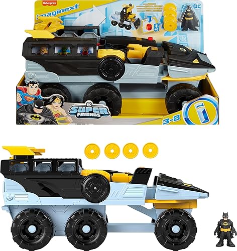 Fisher-Price Imaginext DC Super Friends Batman Toys - Tanque de murciélagos transformables con luces sonidos, figura y proyectiles para niños