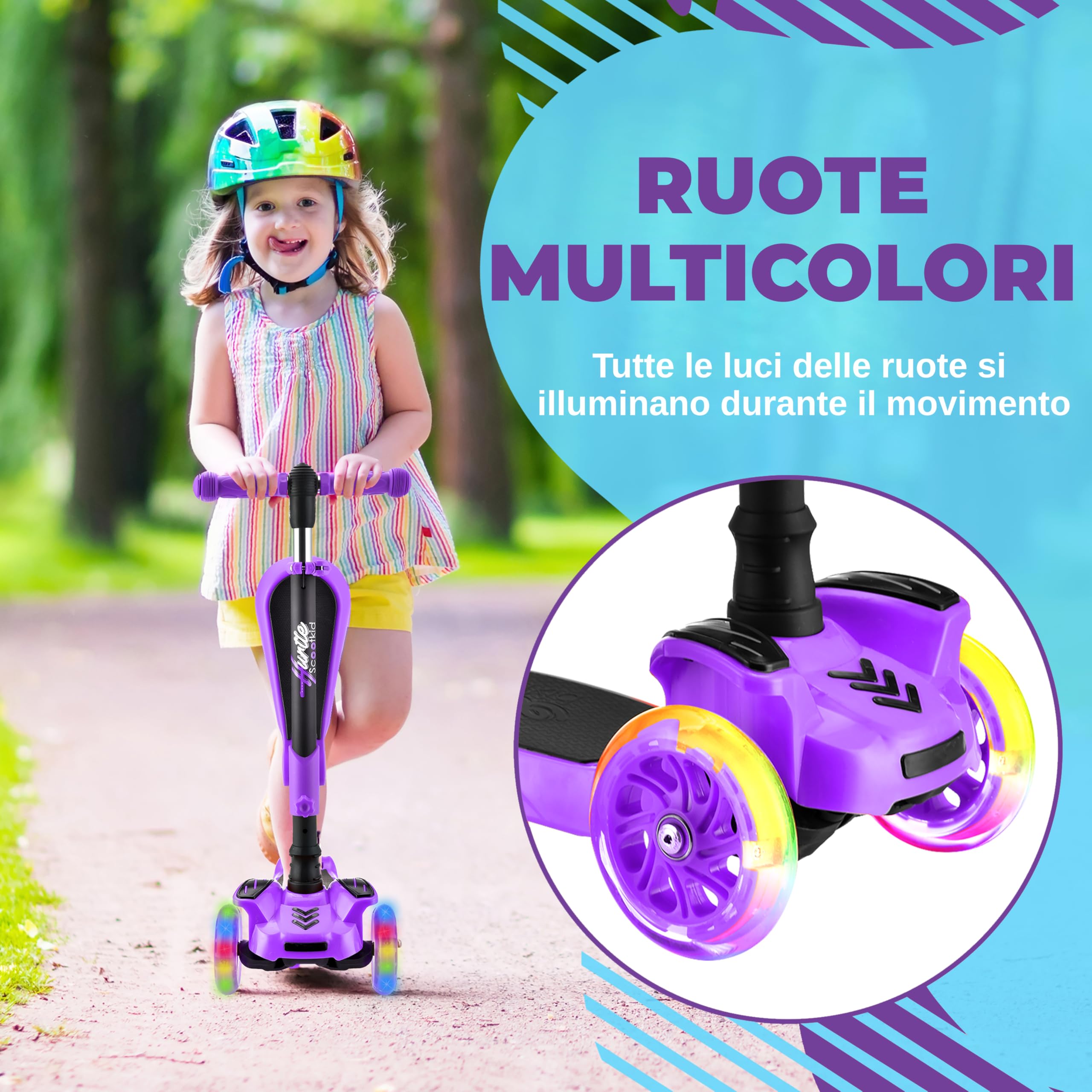 Hurtle Monopattino Bambino, Monopattino Bambina, Monopattino a 3 Ruote, Regolabile in Altezza con Sedile Pieghevole, Scooter per Bambini e Bambine con Ruote LED Multicolore, Dai 1 ai 14 Anni
