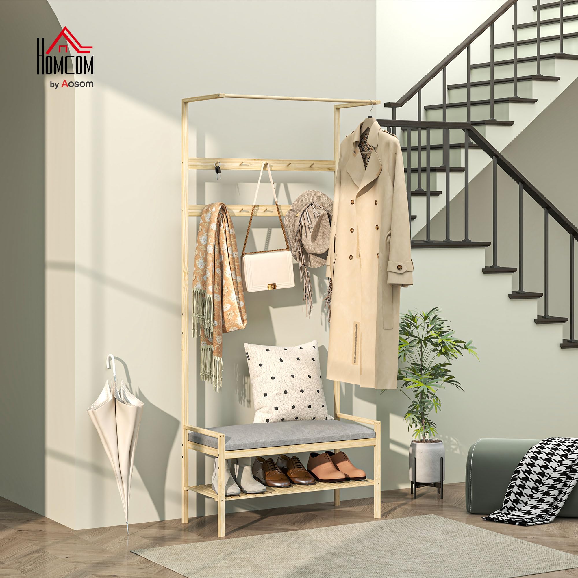 HOMCOM Porte-manteau avec étagère à chaussures en bambou, meuble d'entrée avec banc,10 crochets, tringle à vêtements, coussin rembourré, vestiaire pour entrée, couloir, salon, 73,5x34x171 cm, naturel