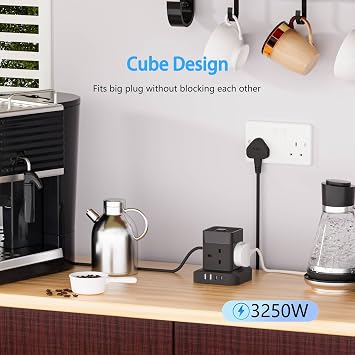 AICODE Cube Extension Lead with USB Slots,4 Way Multi Plug Extension Socket Tower with 2 USB C & 2 USB A Ports,Overload Protected Extension Lead Black with Switch,2M Extension Cable for Home,Office
