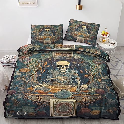 Juego de funda de edredón tamaño matrimonial Juego de cama de calavera de bruja Patrón de esqueleto de carta del tarot 3 piezas Funda de edredón
