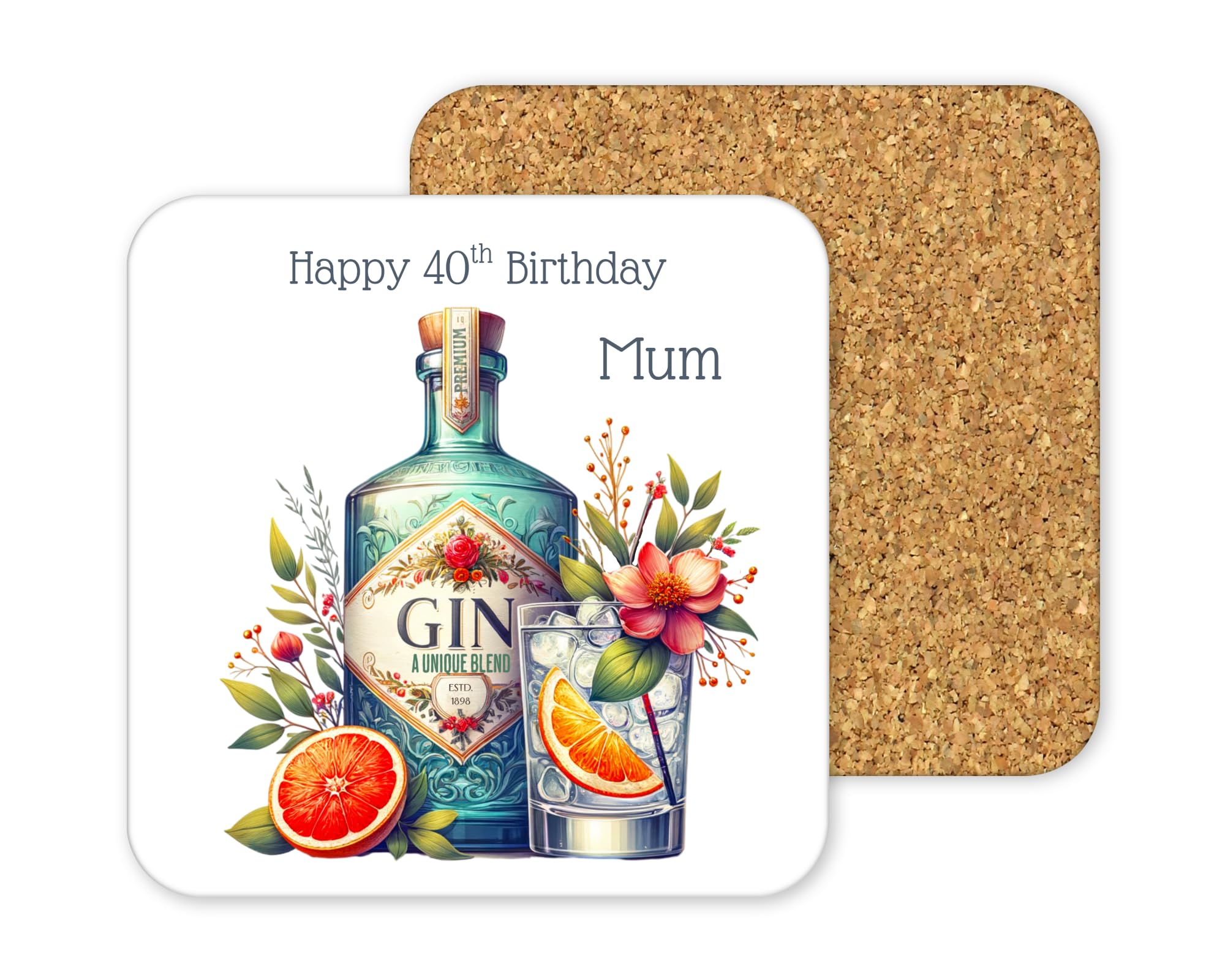 Personalised Cork-Backed Drinks Coaster, Square 9.6cm Drink Mat, Customisable Design for Birthday, Special Occasion Gifts, White Surface with Protective Base (Gin)
