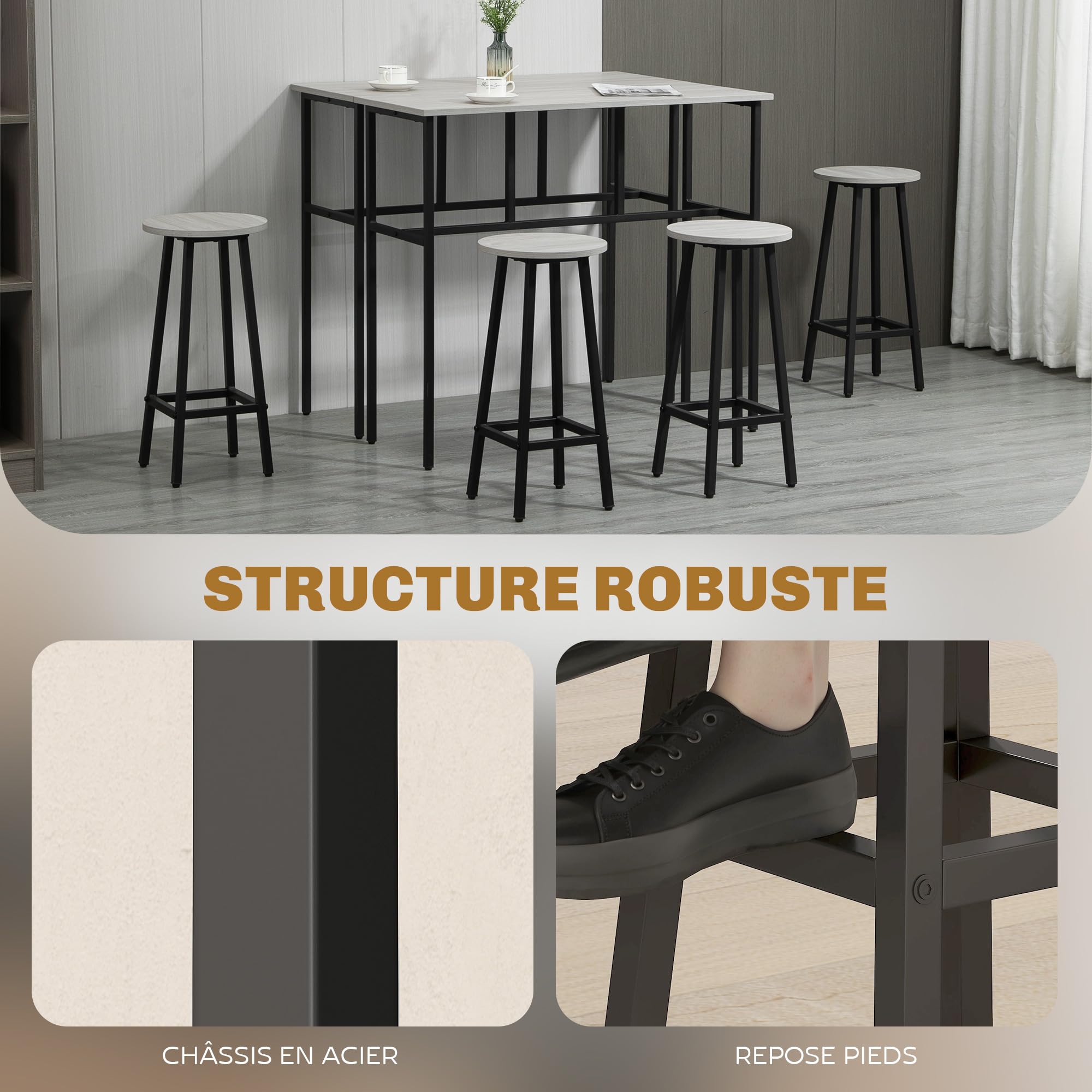 HOMCOM Ensemble Table de Bar Style Industriel 6 pièces, 2 Tables Hautes avec 4 tabourets - Acier et Panneaux de Particules - 4 Personnes