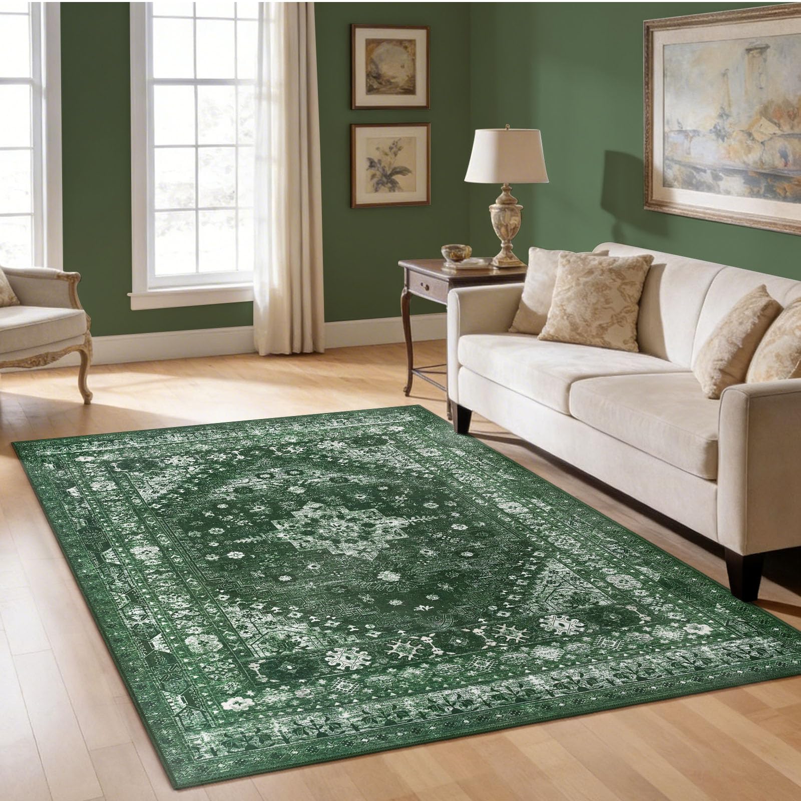 Capslpad Grün Vintage Teppich Wohnzimmer 120x180cm, Retro rutschfest Kurzflor Waschbarer Teppiche, Weich Schlafzimmer Wohnzimmerteppich für Wohnzimmer Schlafzimmer Büro Bereich Esszimmer Living Room