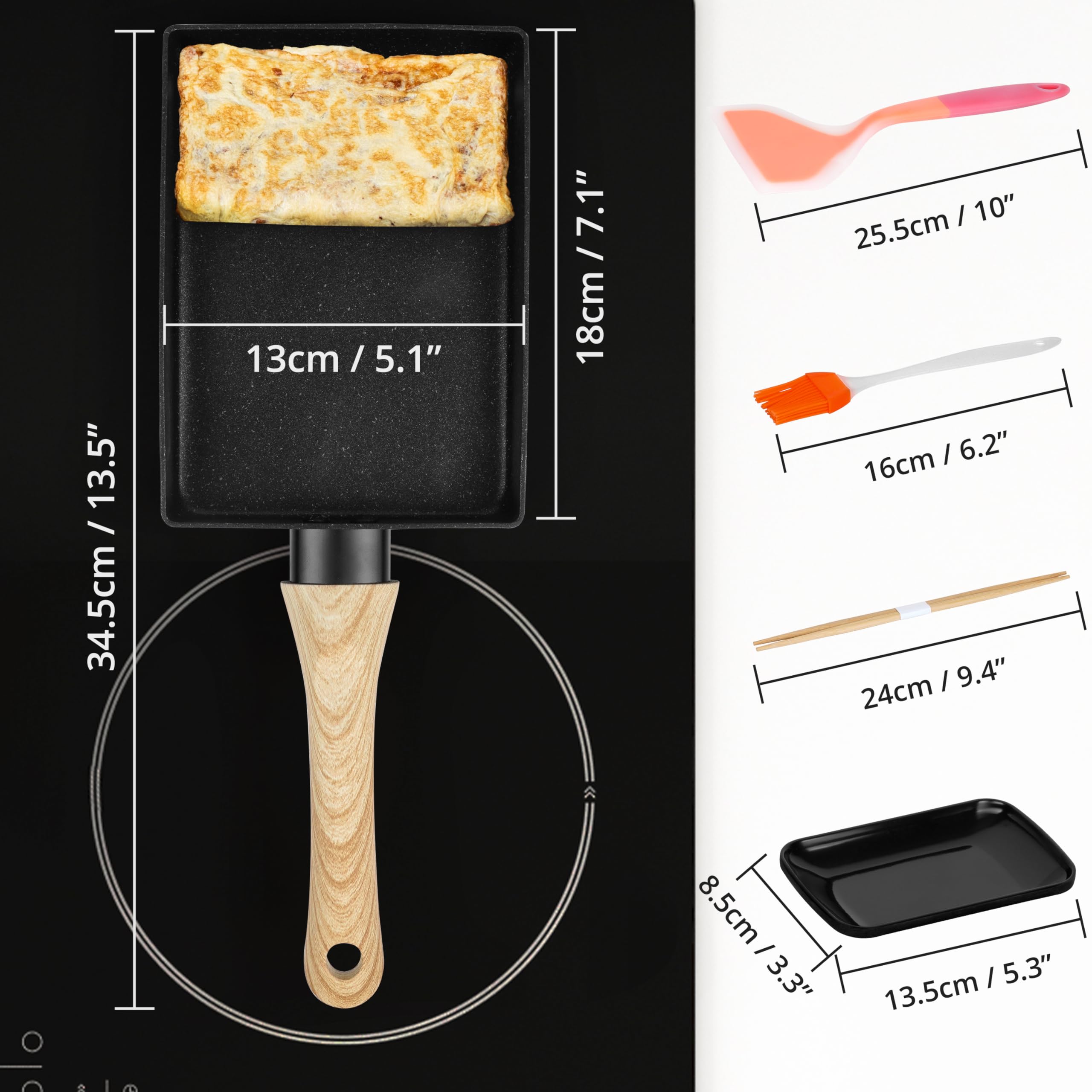 Winter Shore Juego de Sartén Tortilla Japonesa - Sarten Antiadherente Rectangular para Tamagoyaki con Mango de Madera - Incluye Plato, Cepillo para Aceite, Espátula, Palillos - Utensilios de Cocina