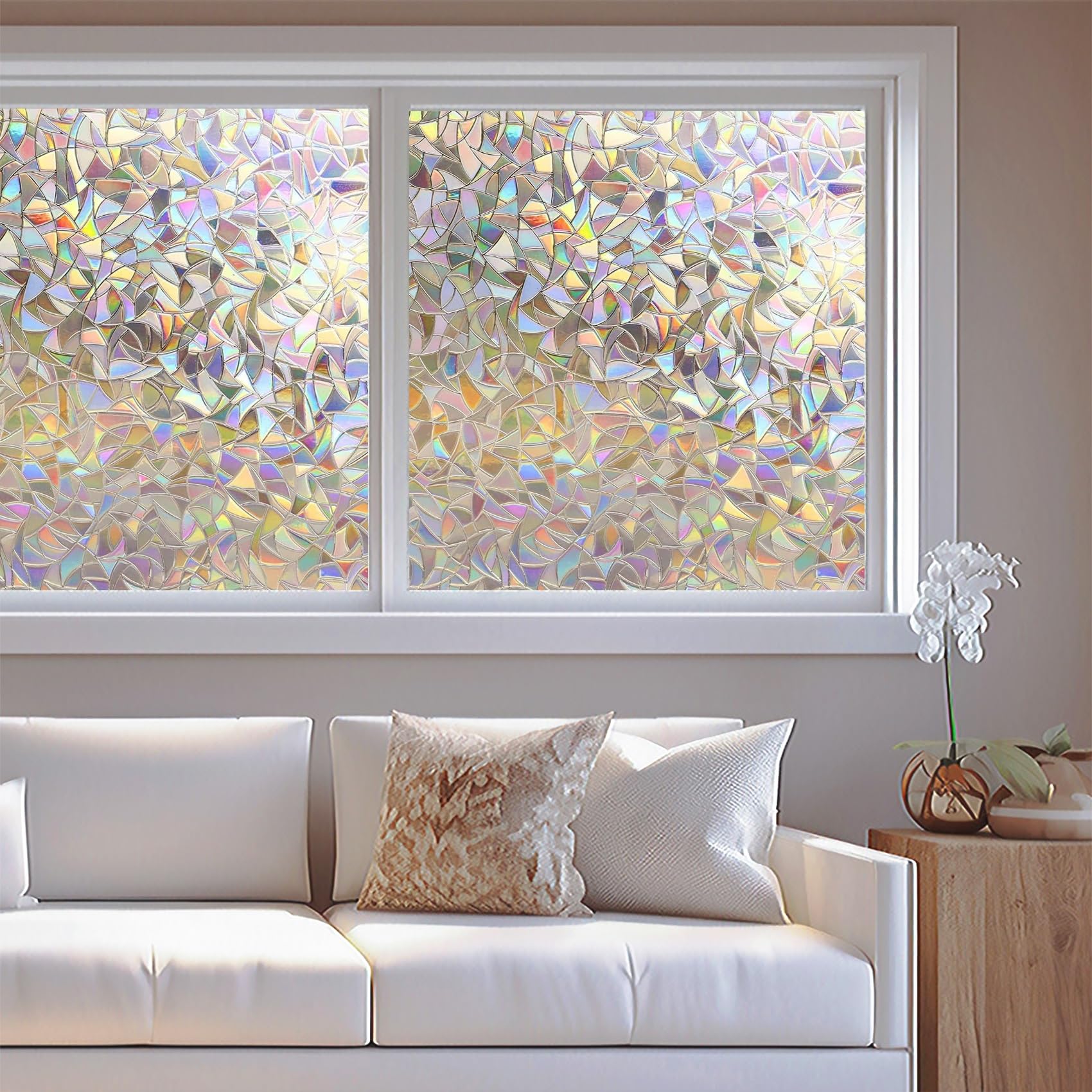Stained Glass Window Film 80 x 460 cm, Self Adhesive Sun Block, Anti Uv, Anti Glare, Without Glue Or Residue, Rainbow Window Film Privacy Stained with Toolkit for Office, Crescent