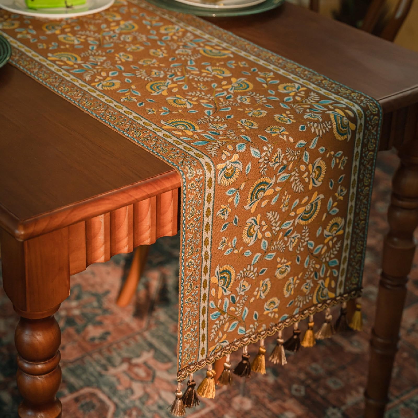 Runner da Tavolo Poliestere 35x160 cm, Runner da Tavola Moderno Lavabile Motivo Jacquard Rami D'Albero e Viticci con Nappe Decorazioni per Tavolino da Compleanni Matrimoni, Marrone