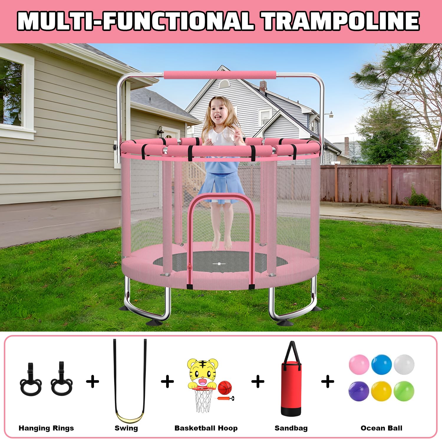 Maxbinton Trampoline pour Enfants 140 cm intérieur/extérieur – Charge maximale 50 kg avec Filet de sécurité, Barre de Gymnastique réglable et Panier de Basket, Cadeau pour garçons et Filles - 5