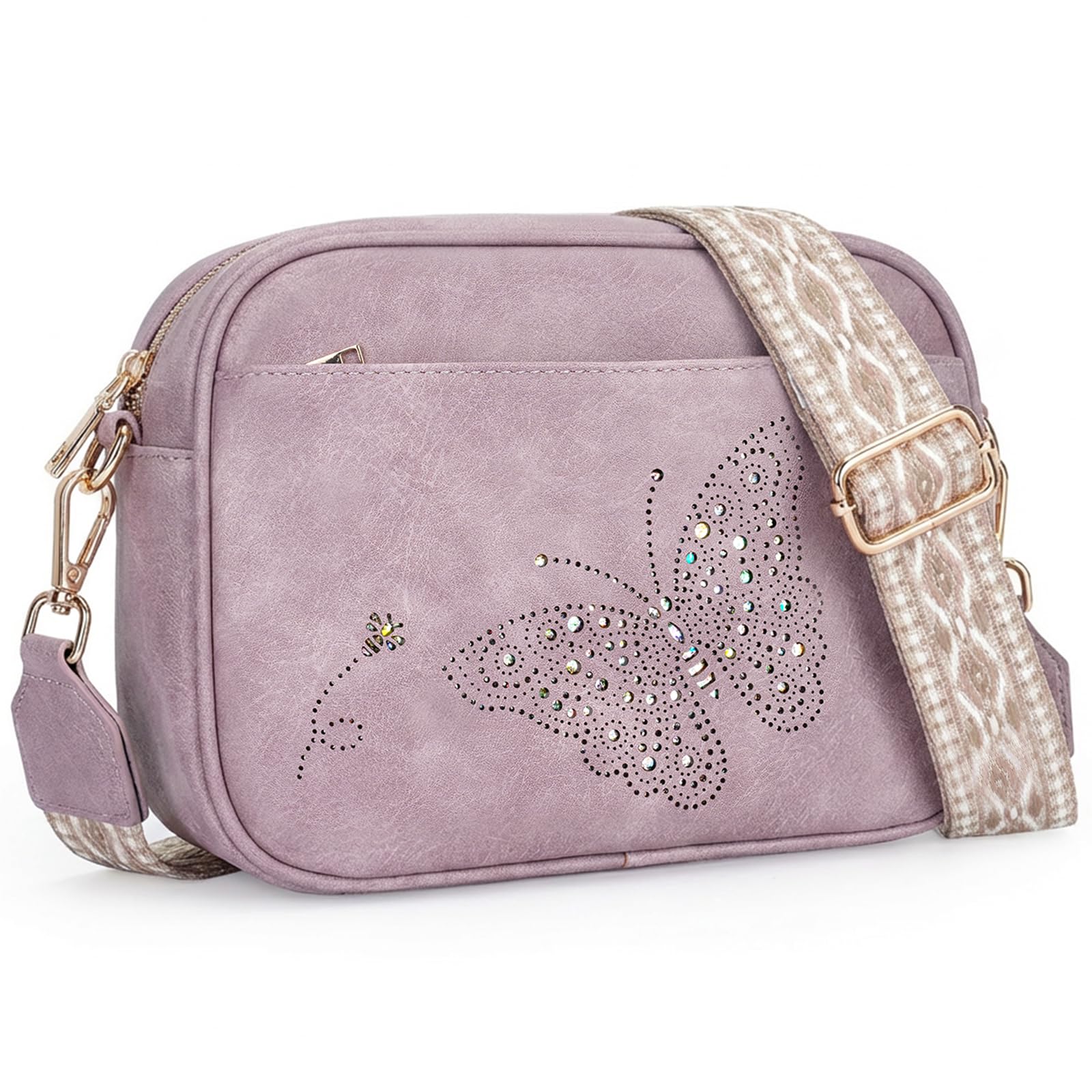 Small Crossbody Purses for Women Trendy Vegan Leather Crossbody Bag Butterfly Design with Wide Strap Causal Lightweight Guitar