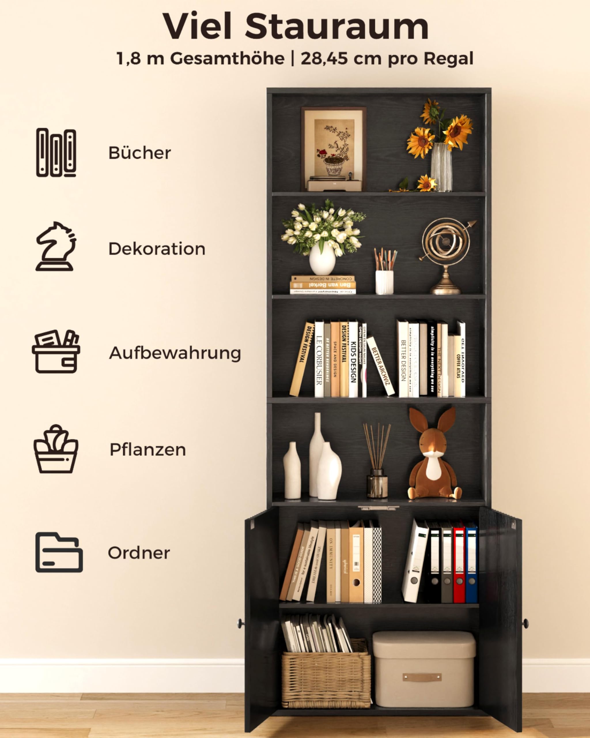 IRONCK Bücherregal mit Türen, Standregal mit 6 Ebenen, Holz Regal mit Türen, Bücherschrank, offenes Aufbewahrungsregal für Arbeitszimmer, Büro, Wohnzimmer, Schlafzimmer 180 x 60 x 23.5cm (schwarz)