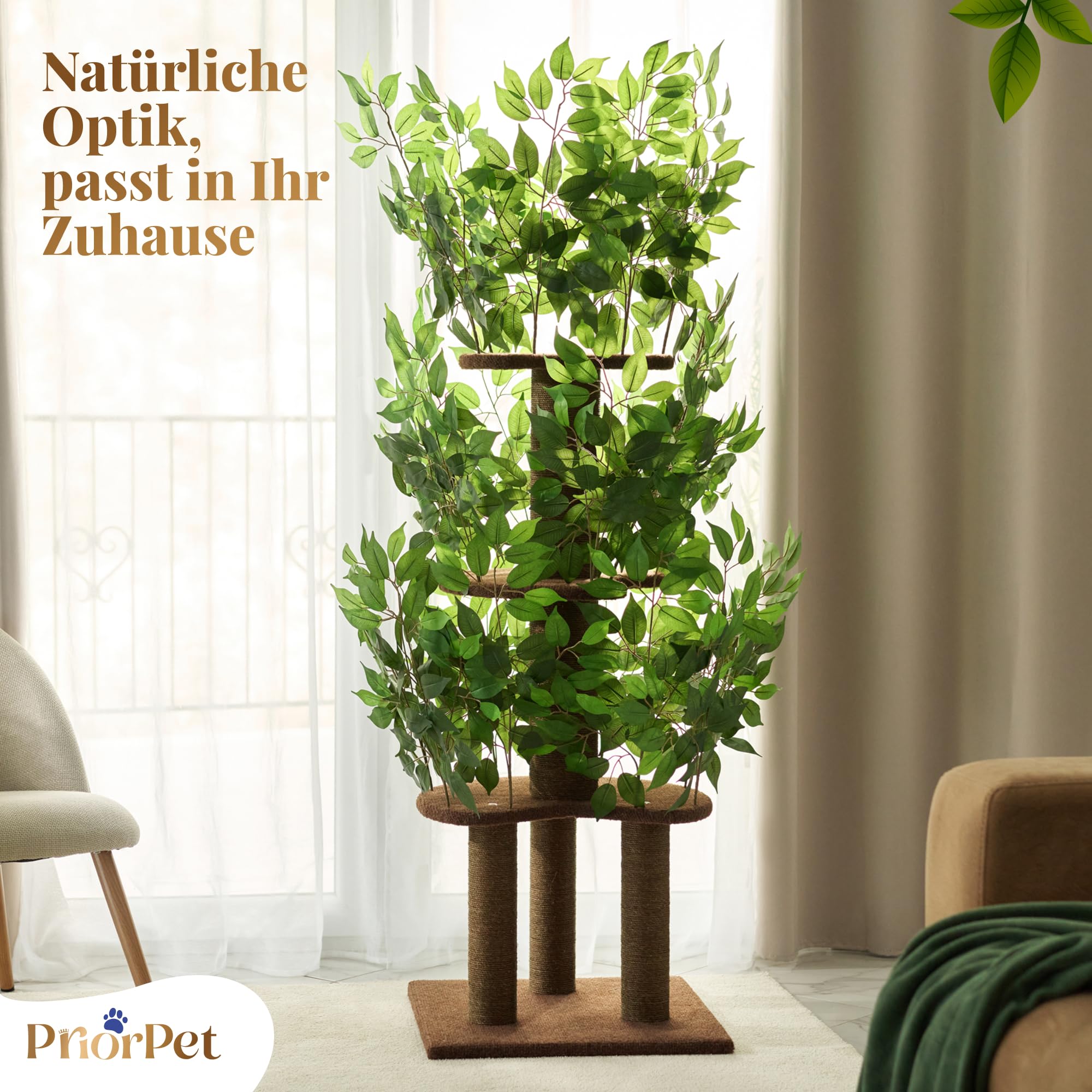 Kratzbaum mit Blättern – Stabiler & Platzsparender Katzenbaum – 4 kratzbare Ebenen & 3 Kratzsäulen – Klettern, Verstecken, Schlafen – Einfache Montage – Haustiersicherer & Langlebiger Cat Tree Natur