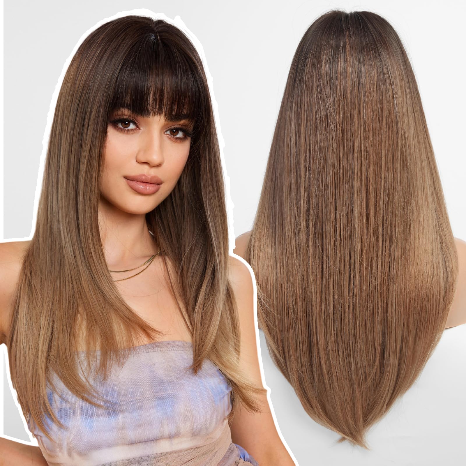 WOKESTAR Brown Wigs for Women Layered Straight Long Wig with Fringe, Ombre Brown, 25 inch