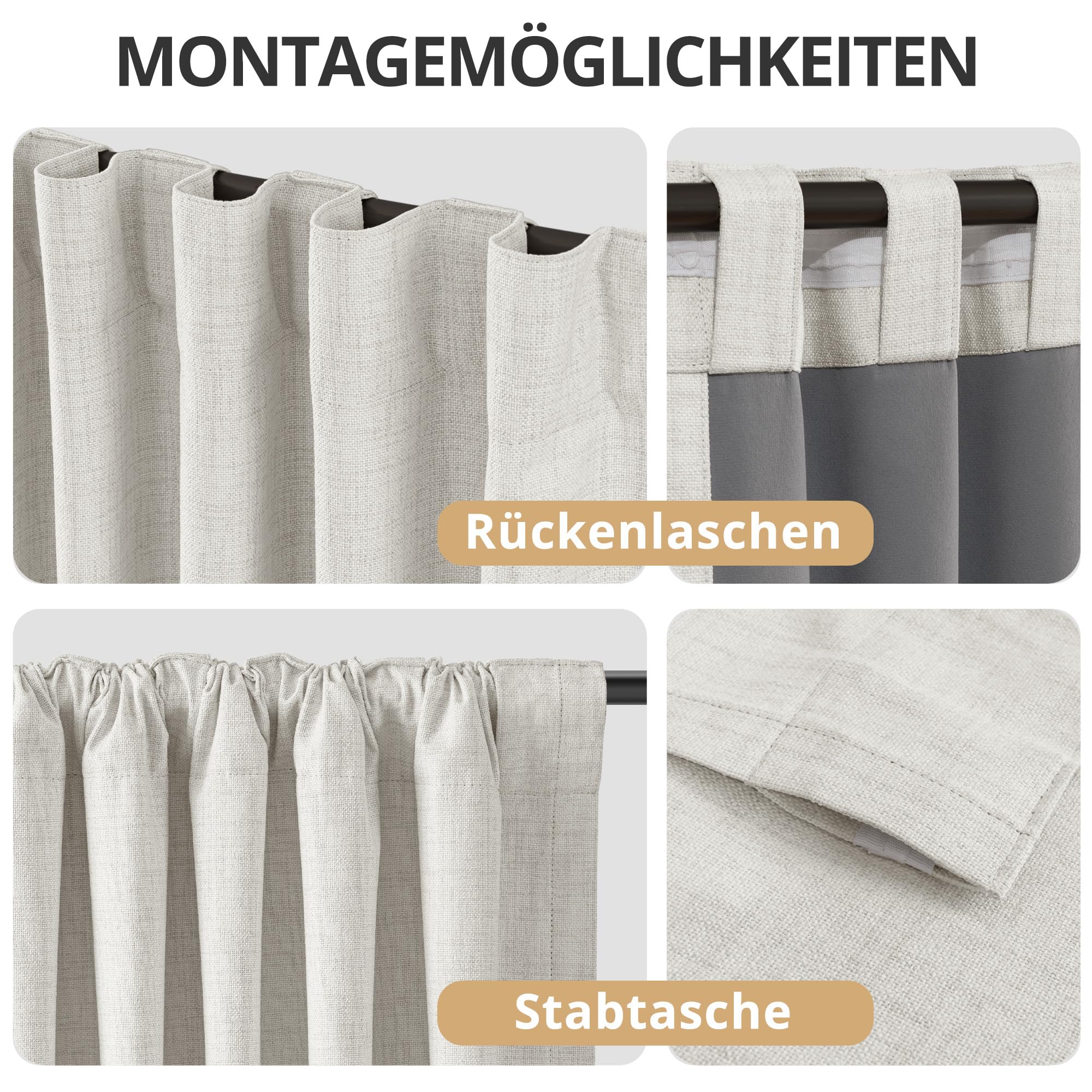 Tende oscuranti al 100% con passanti nascosti, effetto lino, set di 2 tende oscuranti con passanti per asta, per camera da letto o soggiorno, 260 x 140 cm (altezza x larghezza), beige