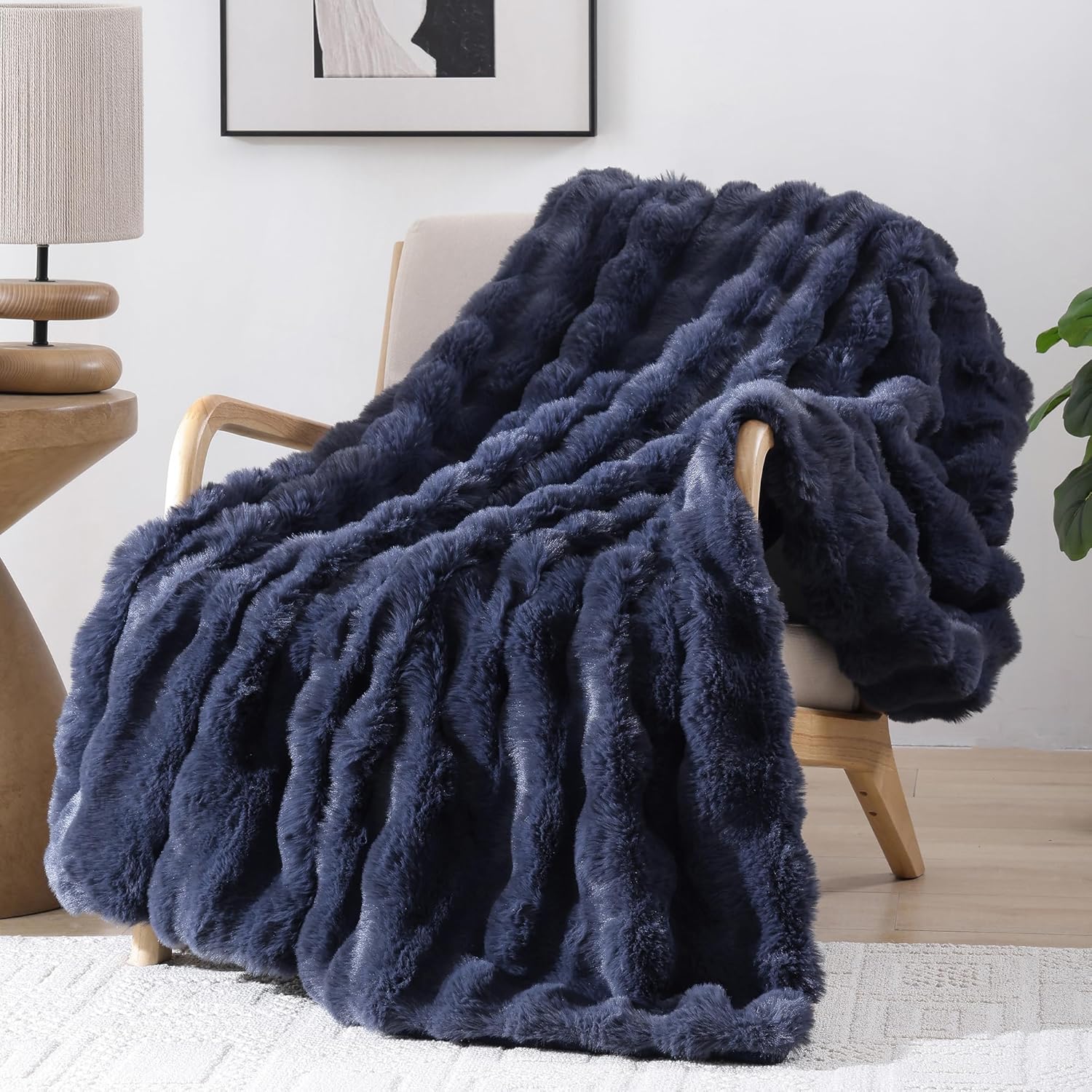 Smoofy Faux Fur Throw Blanket for Couch – Navy Blue Fluffy Cozy Rabbit Fleece, Plush Soft Bubble Blanket for Sofa & Bed, for Mom, Warm Fuzzy Home Room Decor Throw 50" x 60"