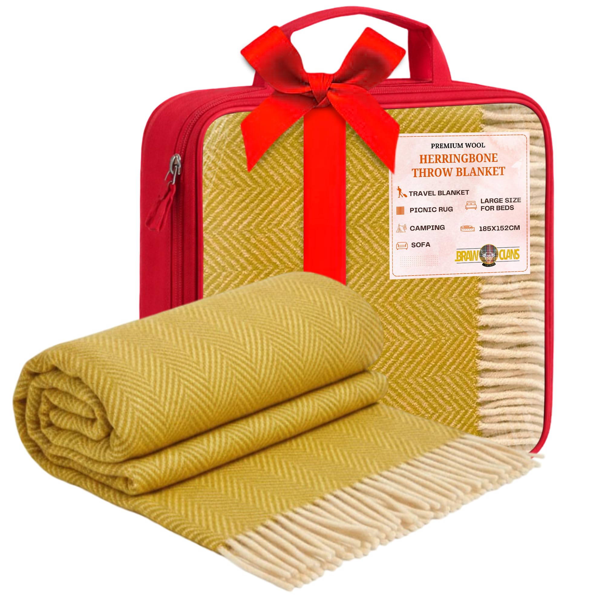 BRAW CLANS TARTANS Premium wool Herringbone Throw - Blanket colour Mustard - 185x152cm - Soft, Durable Recycled - Winter Travel, Sofa, Picnic Rug - Large size for Beds & Camping