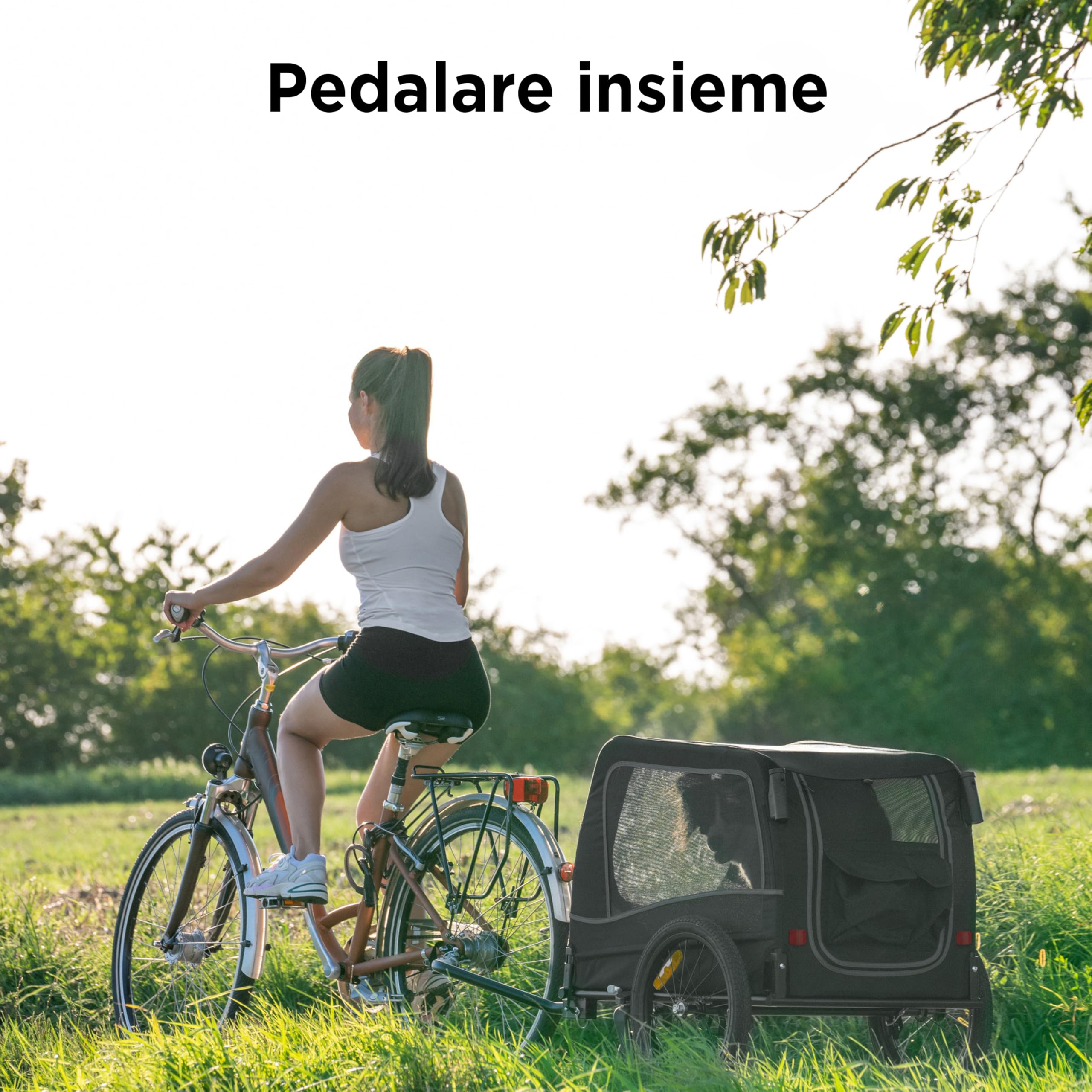 Rimorchio Bici Cani 2 in 1 – Carrello e Passeggino Pieghevole con Cuscino per Cani fino a 30 kg – Con Attacco, Bandierina, Compatibile con Bici Elettriche – Nero