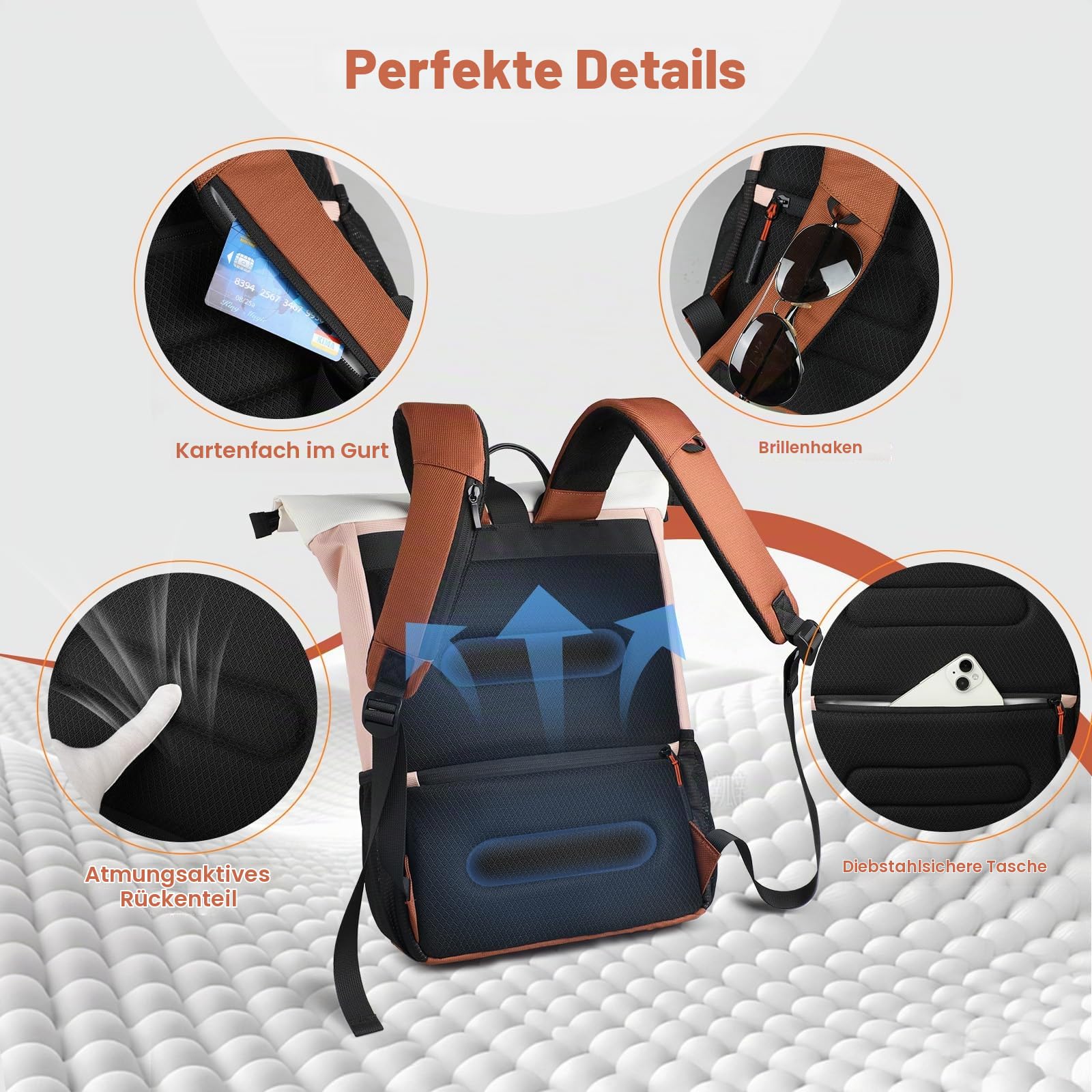 hk Rolltop Rucksack Damen Laptop Rucksack 17 Zoll Erweiterbar Großer | Wasserabweisender Arbeitsrucksack mit USB-Anschluss, Großem Stauraum für Reisen Uni und Alltag