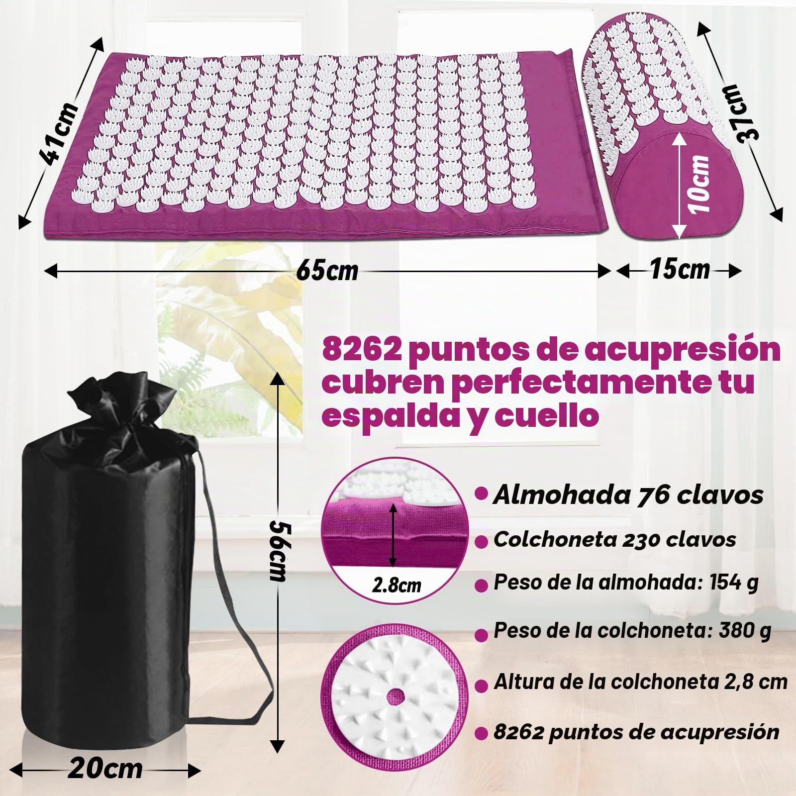 Cojín de Acupresión con Almohada, Almohadilla de Acupresión Mat de Masaje de Acupresión para Alivio del Dolor, Relajación Muscular, Meditación, Estimulación(Púrpura)
