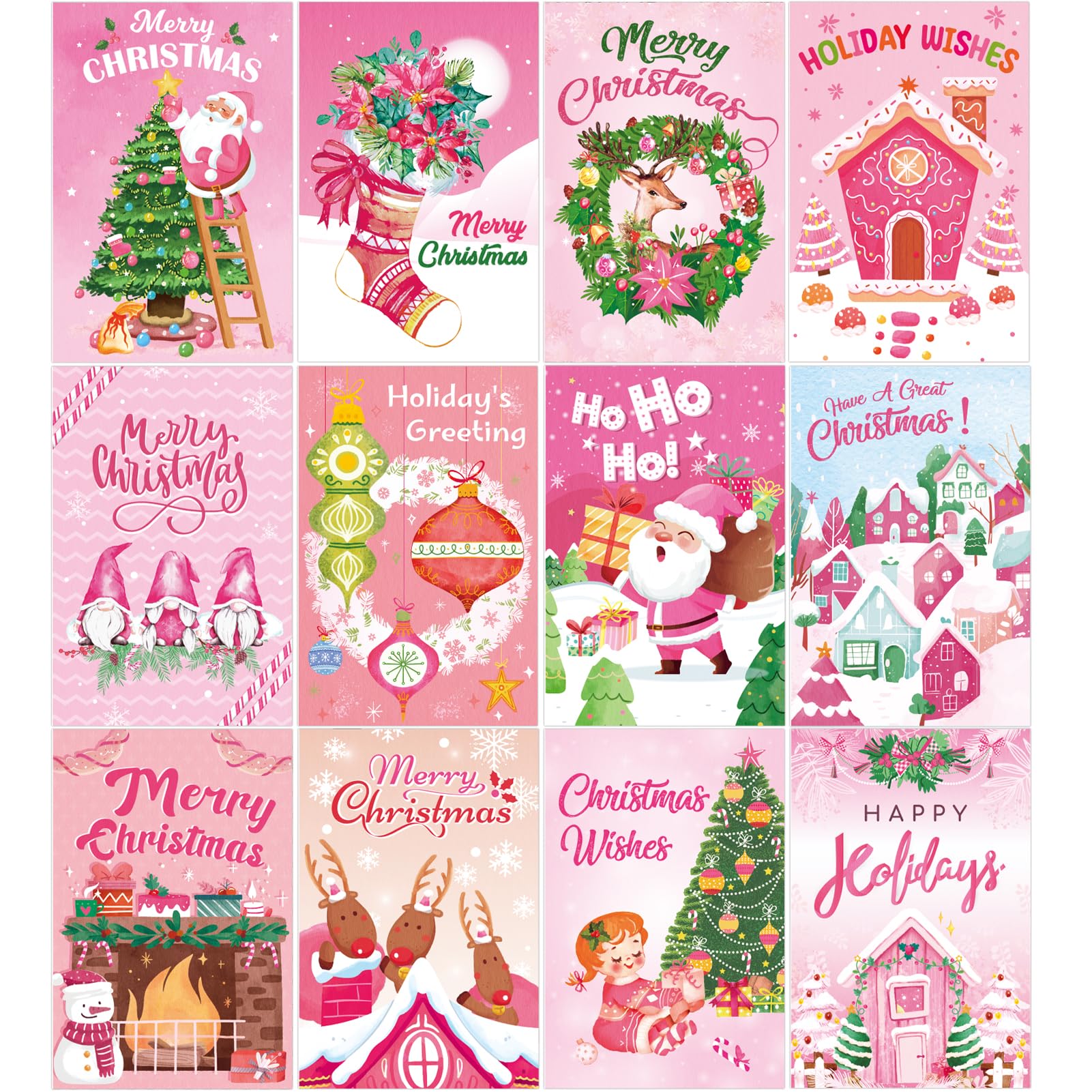 Qpout 24 Packs Pink Christmas Greeting Cards with Envelopes and Adhesive Stickers,Cute Retro Santa Xmas Holiday Card Bulk for Blessing Merry Christmas Holidays Party Favor Supplies
