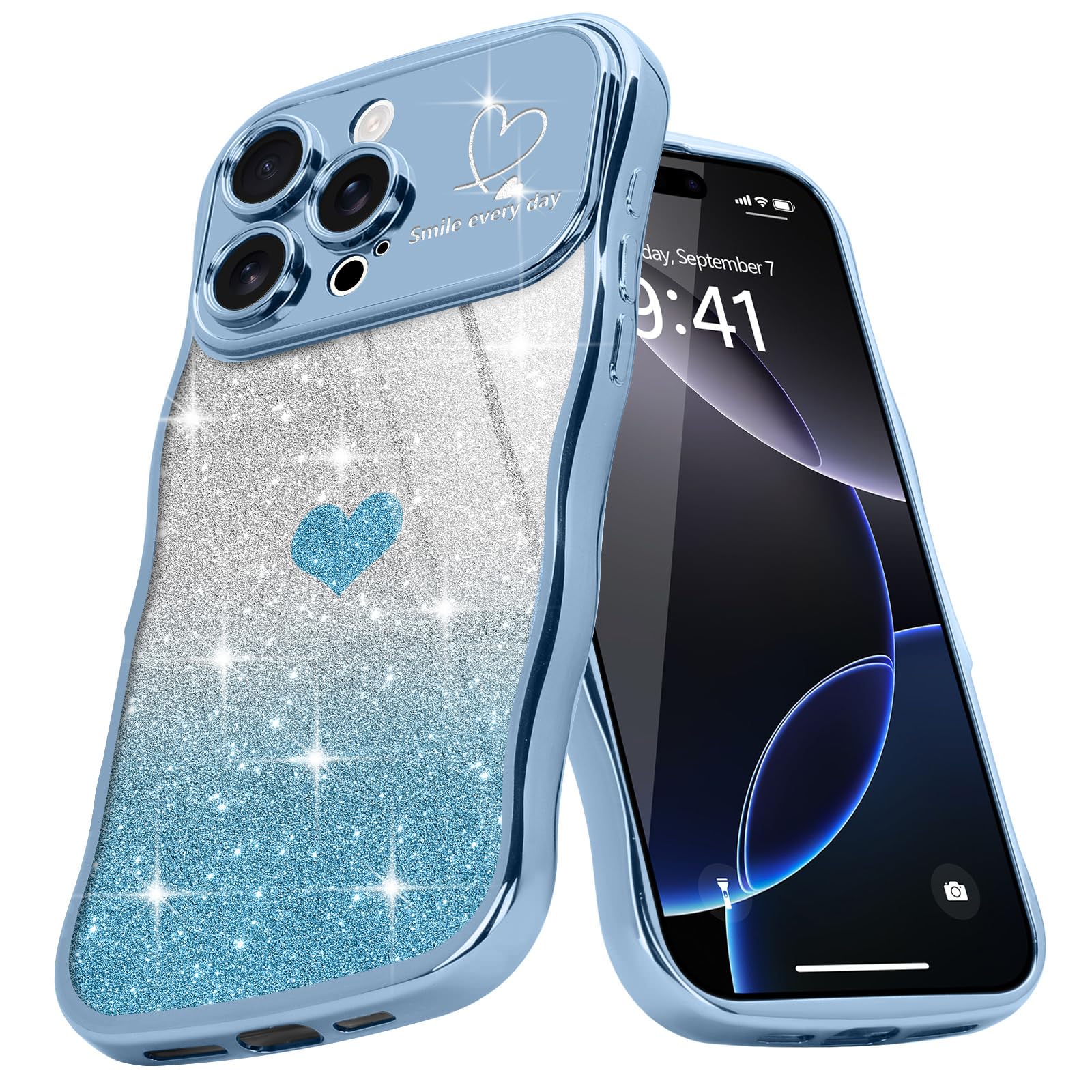 Teageo for iPhone 16 Pro Case for Women Girls Cute Curly Wavy Love Heart Glitter Bling Camera Protection Sparkly Luxury Elegant Shockproof Cover Clear