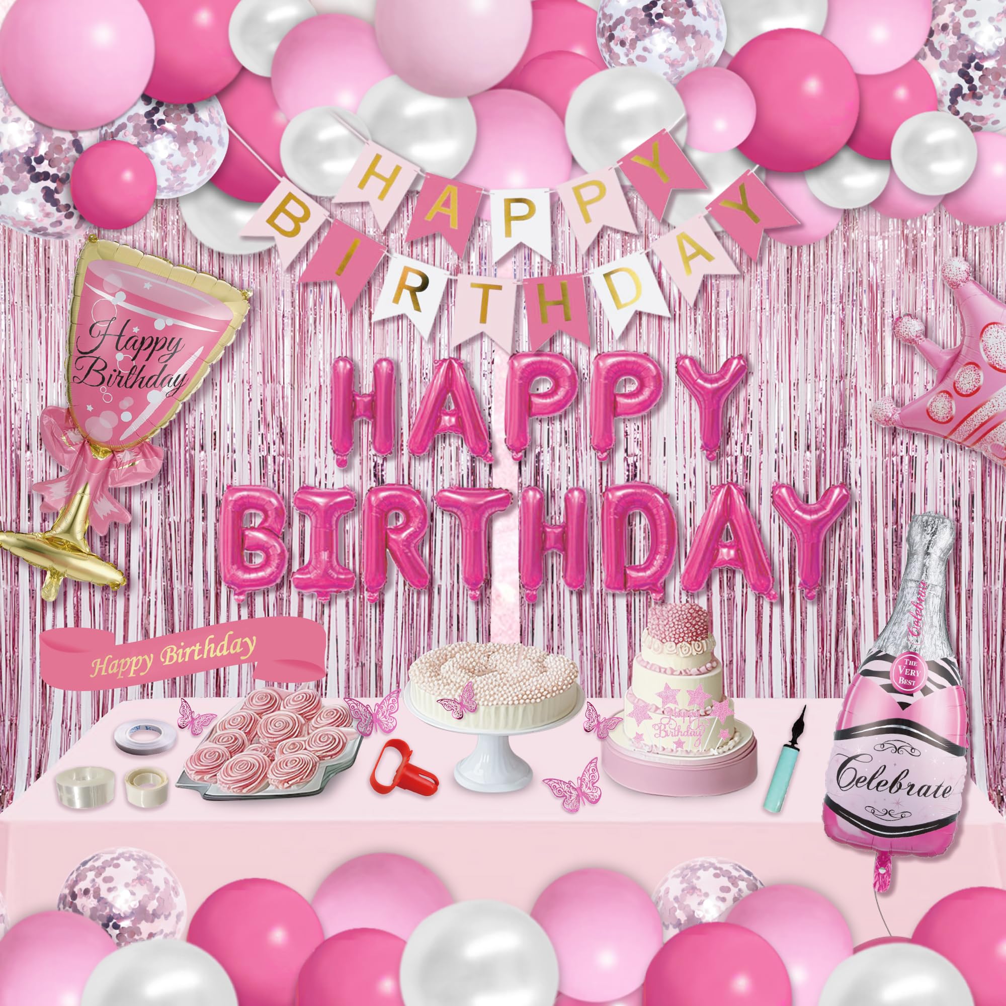 Party Spot! 103 pc Pink Birthday Decorations - Balloon Arch, Tablecloth, Banner, Fringe Curtains for Women's Pink Party