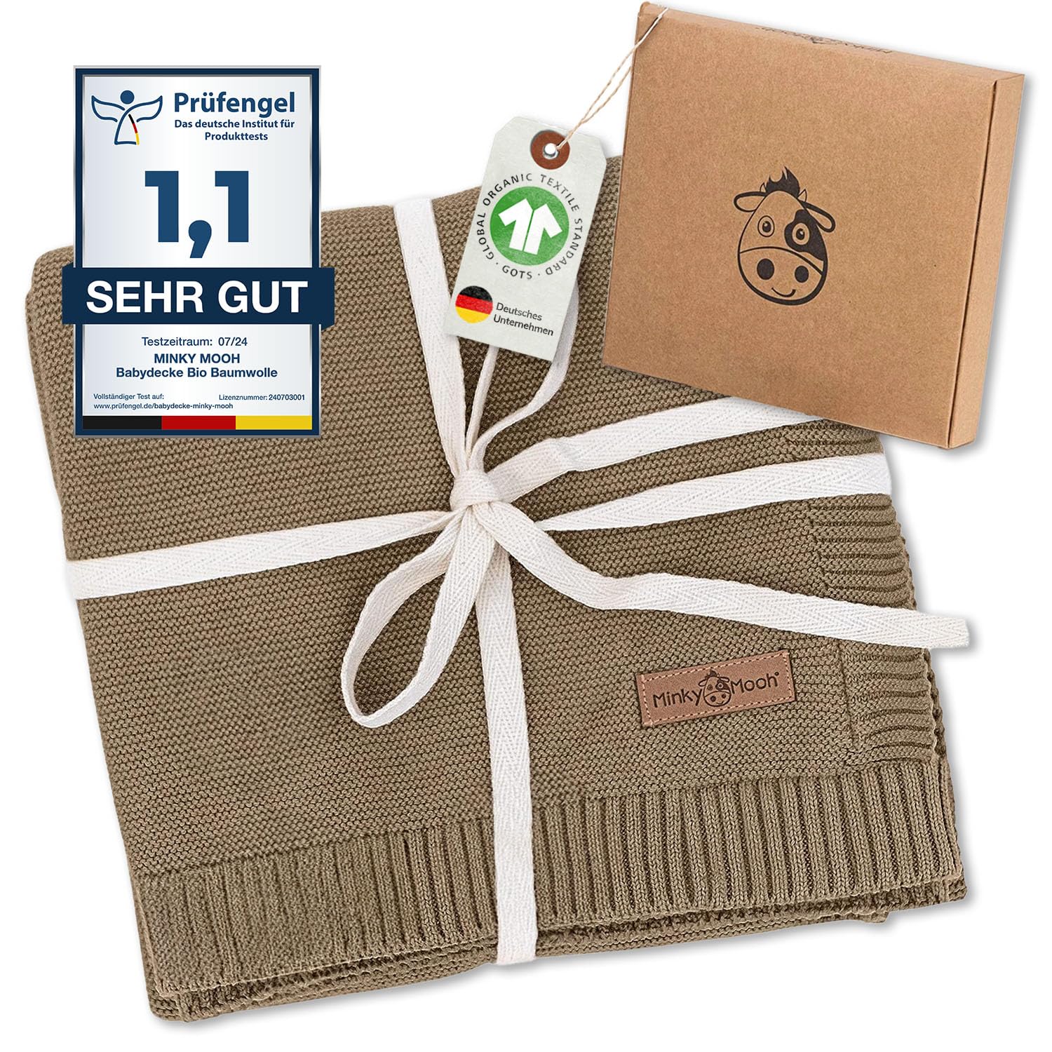 Minky Mooh® - Babydecke aus 100% Bio Baumwolle (Öko-Tex 100) Gr. 94x72cm Taupe - Baby & Kuscheldecke Geschenk für Neugeborene zur Geburt Erstausstattung - Pucktuch & Baumwolldecke Mädchen & Jungen