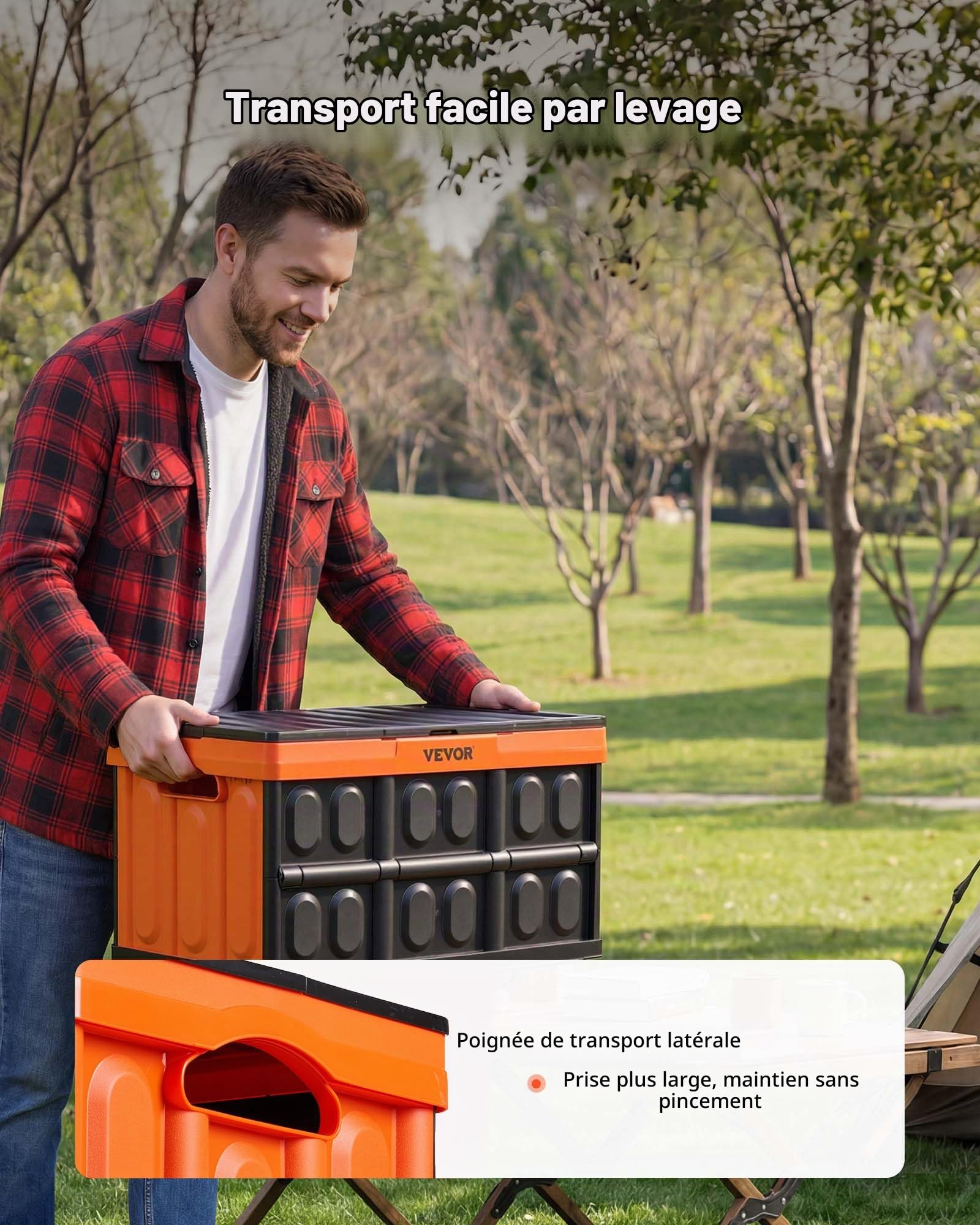 VEVOR Caisse Plastique Pliable avec Couvercle 45 L, Lot de 3, Bac de Rangement Pliable et Empilable avec Poignées, Charge Max. 20 kg par Caisse pour Maison, Camping, Voiture et Courses, Noir et Orange