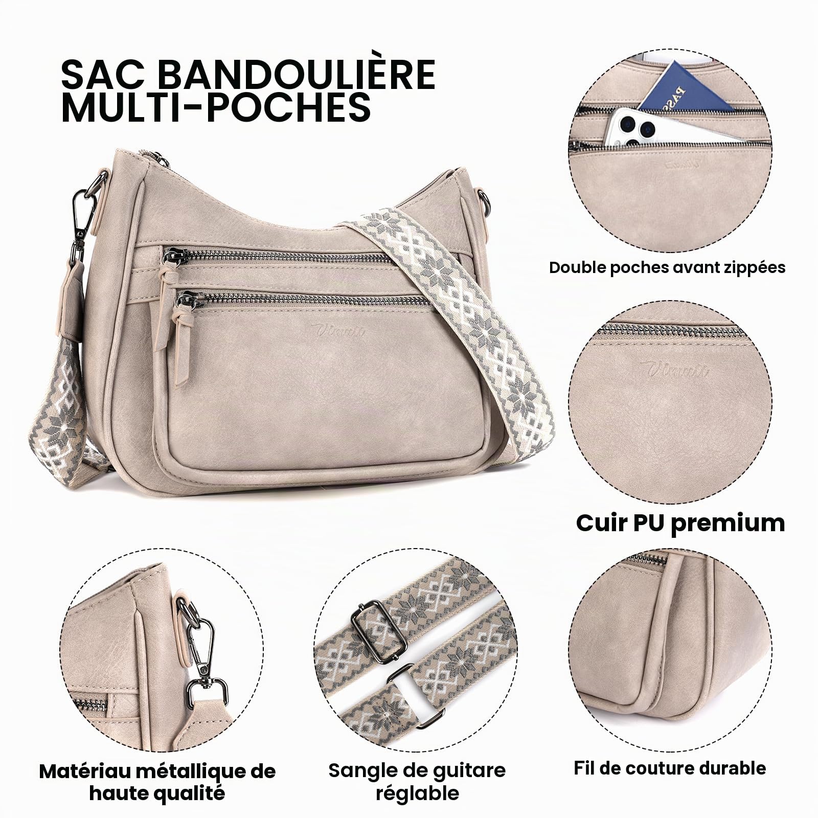 Sac à bandoulière tendance en cuir pour femme, sac à main multi-poches, sac à main de voyage léger