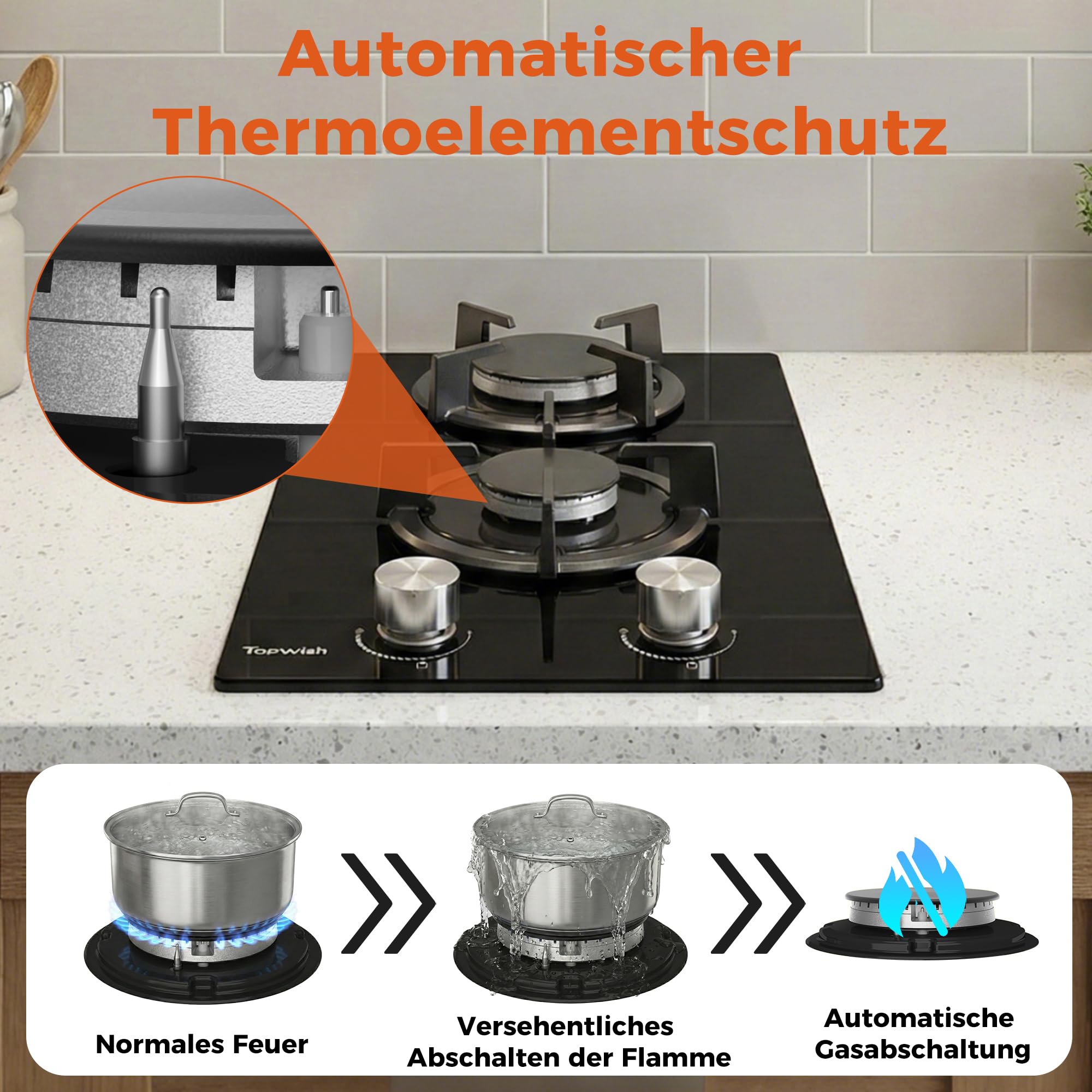 TOPWISH Gaskochfeld 2 flammig 30cm NG/LPG konvertierbar Zündautomatik Thermoelementschutz 4750W