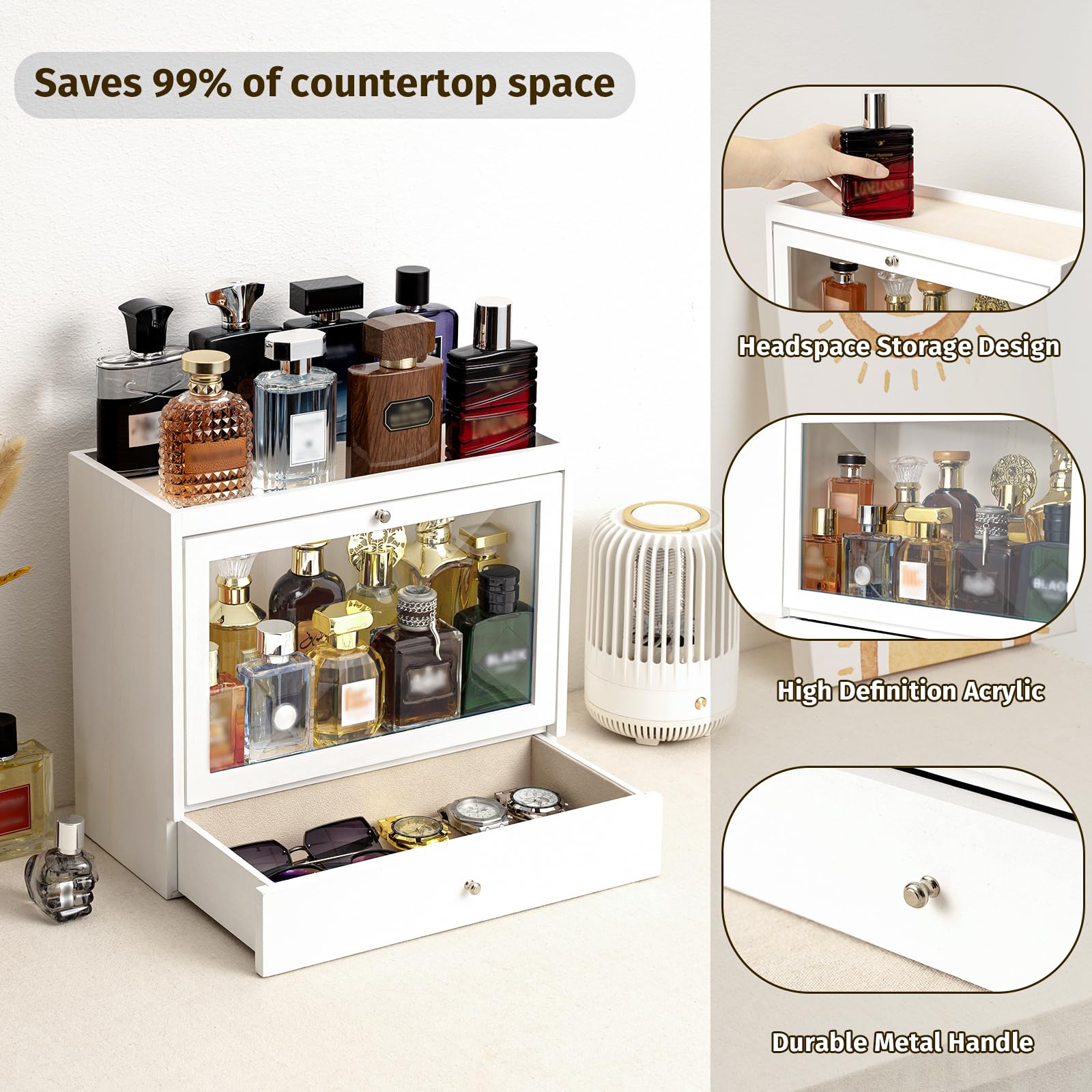 Soporte de colonia, organizador de perfume de madera maciza para hombre, organizador de perfume a prueba de polvo de gran capacidad con cajón de almacenamiento de perfumes, joyas y cosméticos