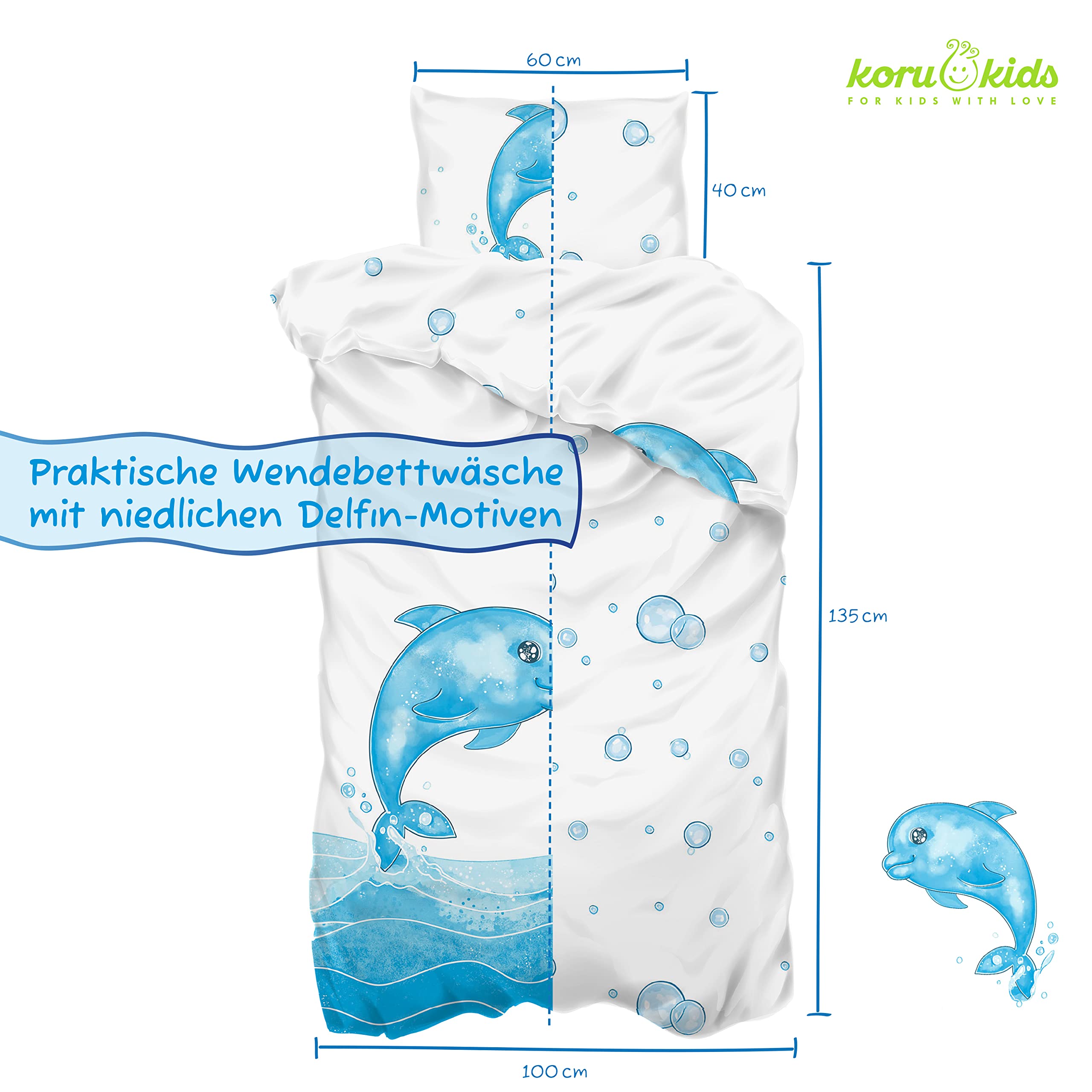 Koru Kids® Kinder Bettdecke 100x135 cm - für Frühjahr/Sommer - Set mit 2 Kinder-Bettbezügen Delfin & Panda – mit 95° waschbar – extra Hygiene für Allergiker – Kinderbettdecke - Duvet