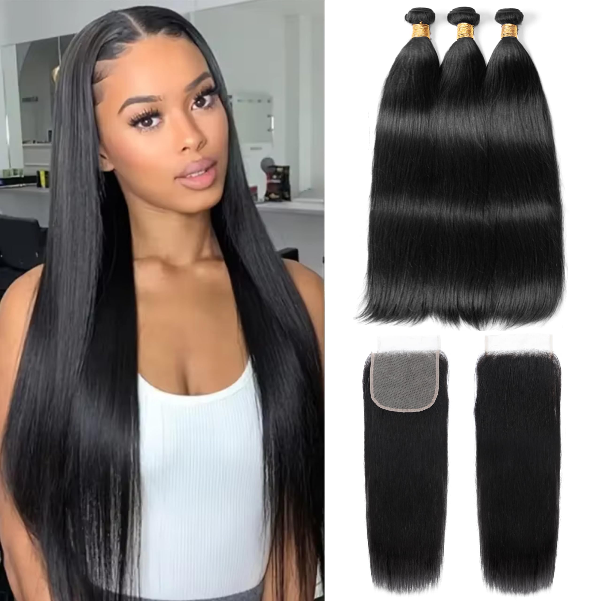 MIRONICA Straight Human Hair Bundles with Closure 16 18 20 + 14 Brazilian 3 Bundles Deals Human Hair with 4x4 Lace Closure Free Part 12A 100%