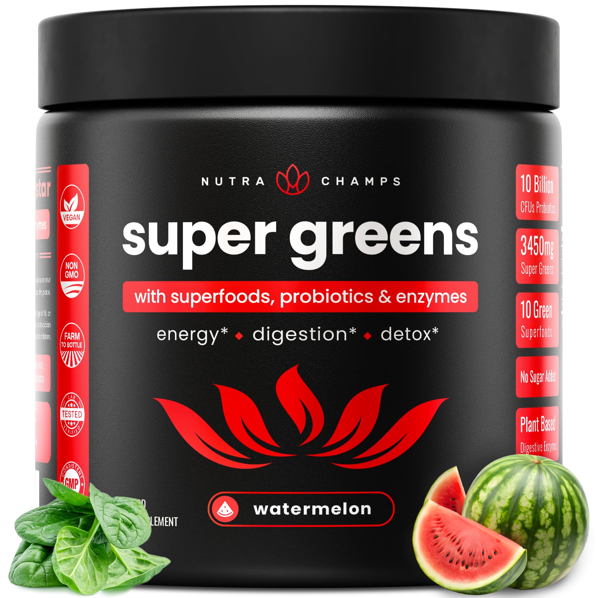 NutraChamps Super Greens Powder Premium Superfood | 20+ Organic Green Veggie Whole Foods | Alfalfa, Spirulina, Chlorella & More | Antioxidant, Digestive Enzyme & Probiotic Blends | Watermelon