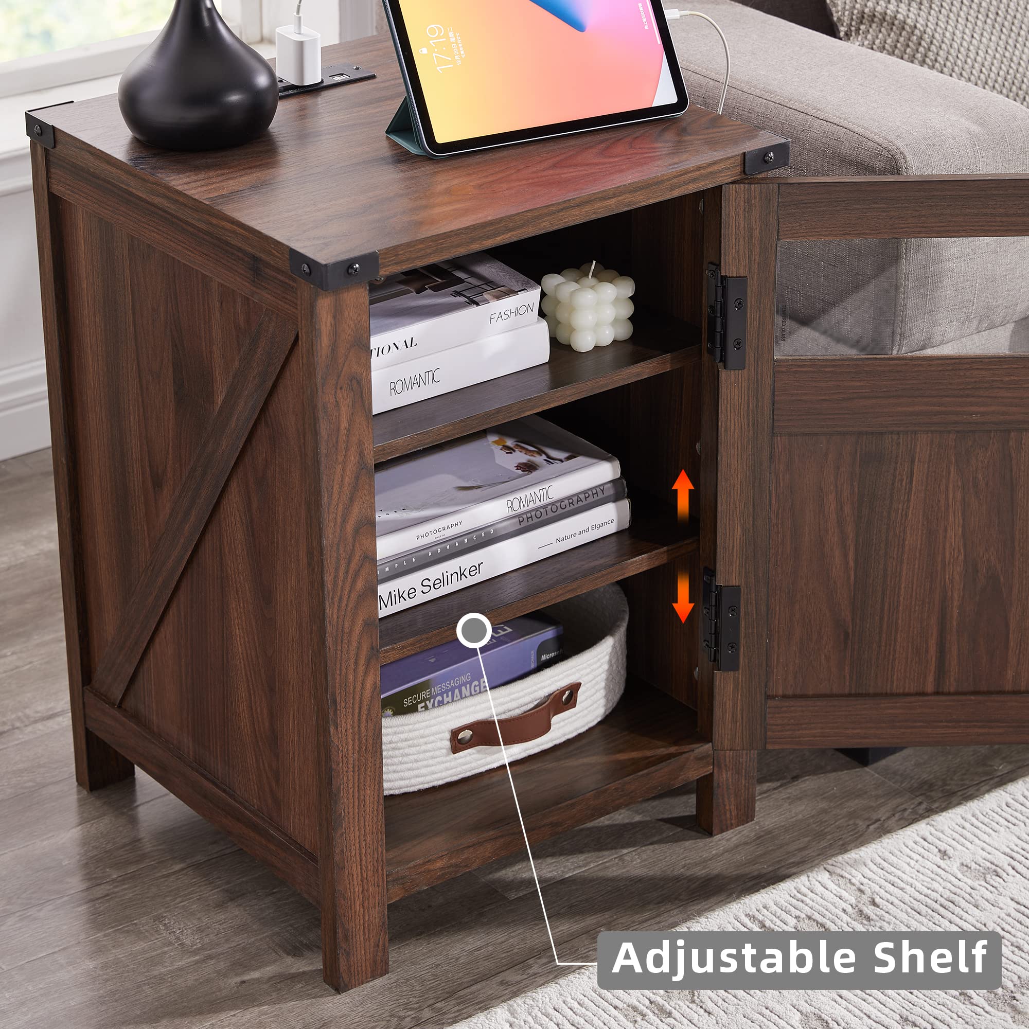 Tavolino FATORRI Con Stazione Di Ricarica E Cassetto - Stile Rustico Industriale - Legno Noce E Metallo Nero - 44x40x61 Cm - 2