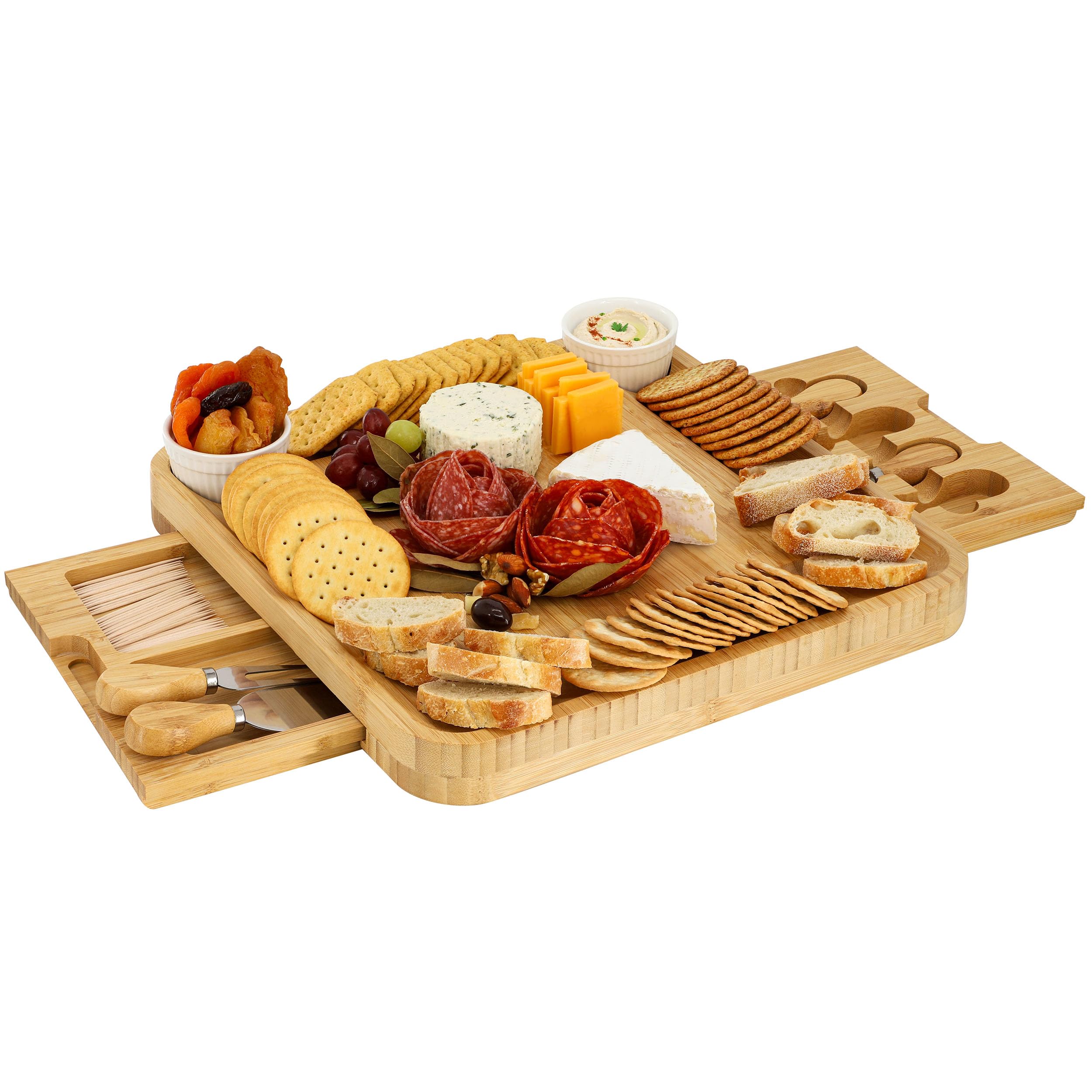 Elama Bamboo Wood Charcuterie Cheese Board Serving Set with Ramekins, Rustic Serving Tray for Parties, Holidays & Entertaining (7 Piece with Storage)
